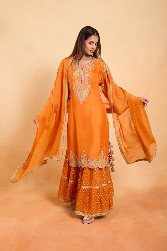 Regal Orange Silk Kurta Set with Gold Embroidery & Gharara Set