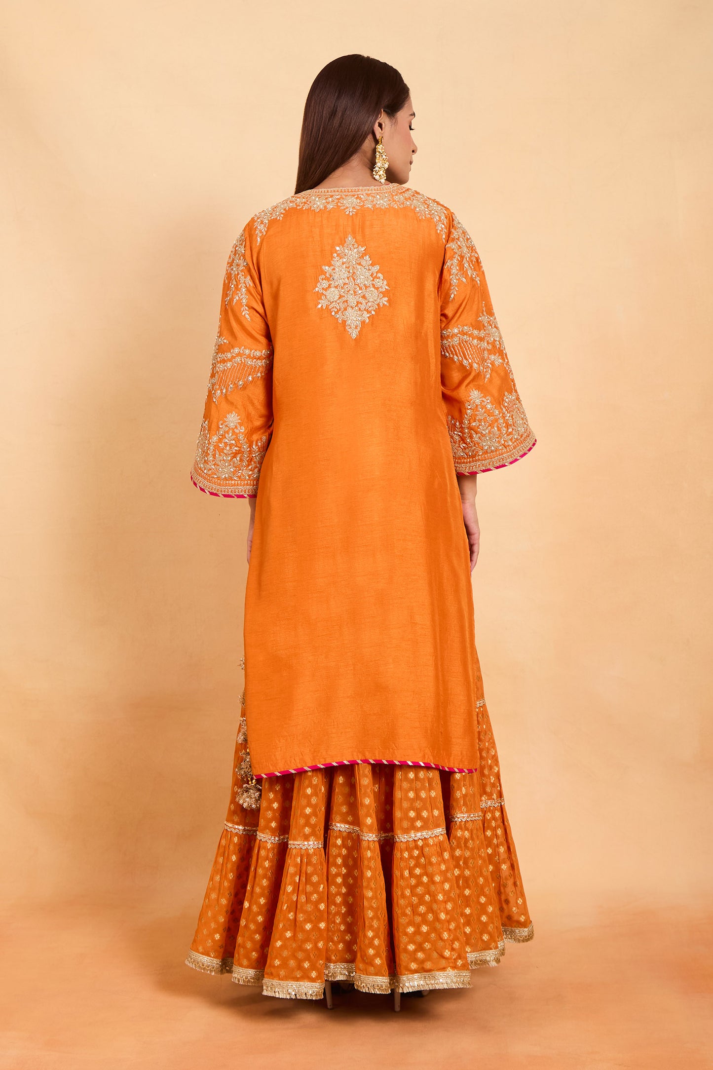 Regal Orange Silk Kurta Set with Gold Embroidery & Gharara Set