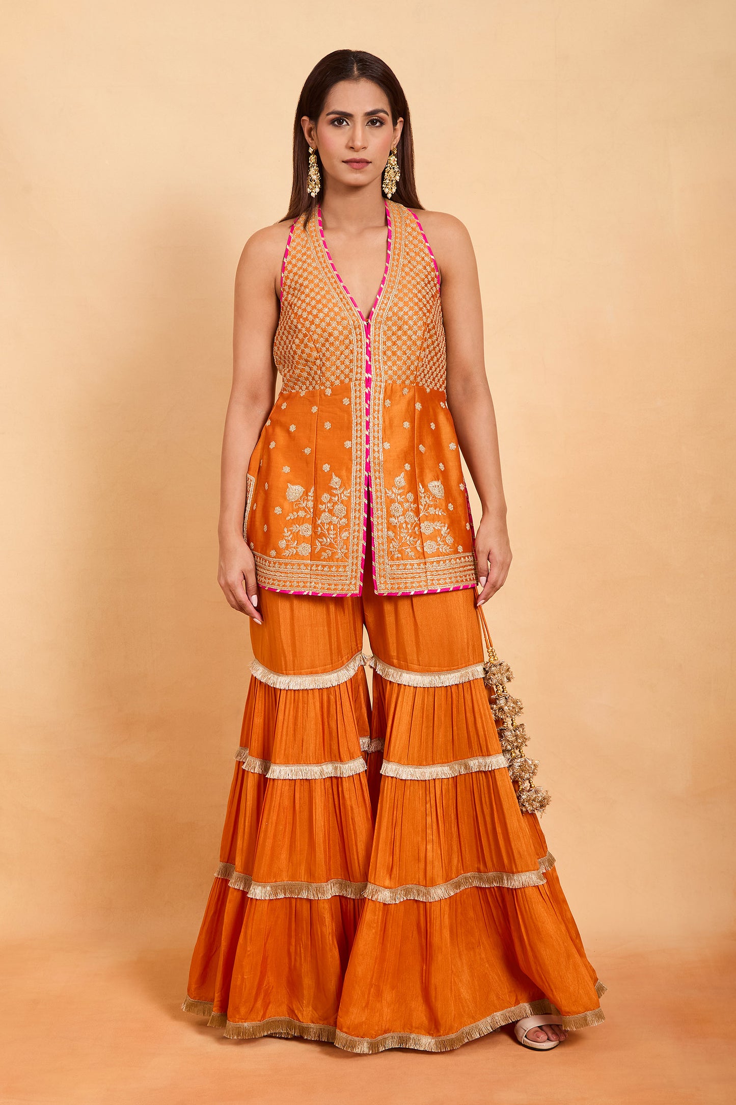 Orange Embroidered Halter-Neck Gharara Set