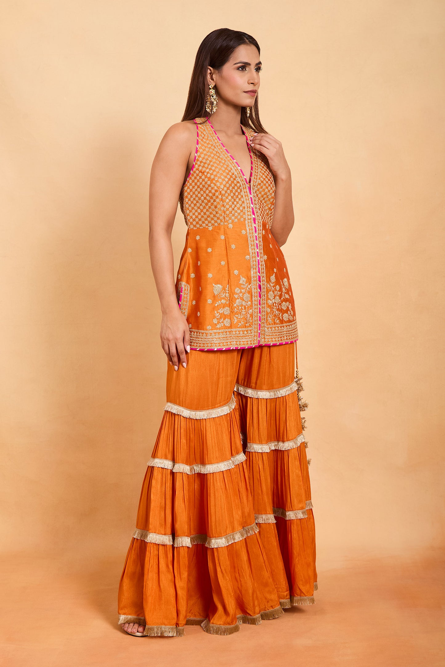 Orange Embroidered Halter-Neck Gharara Set