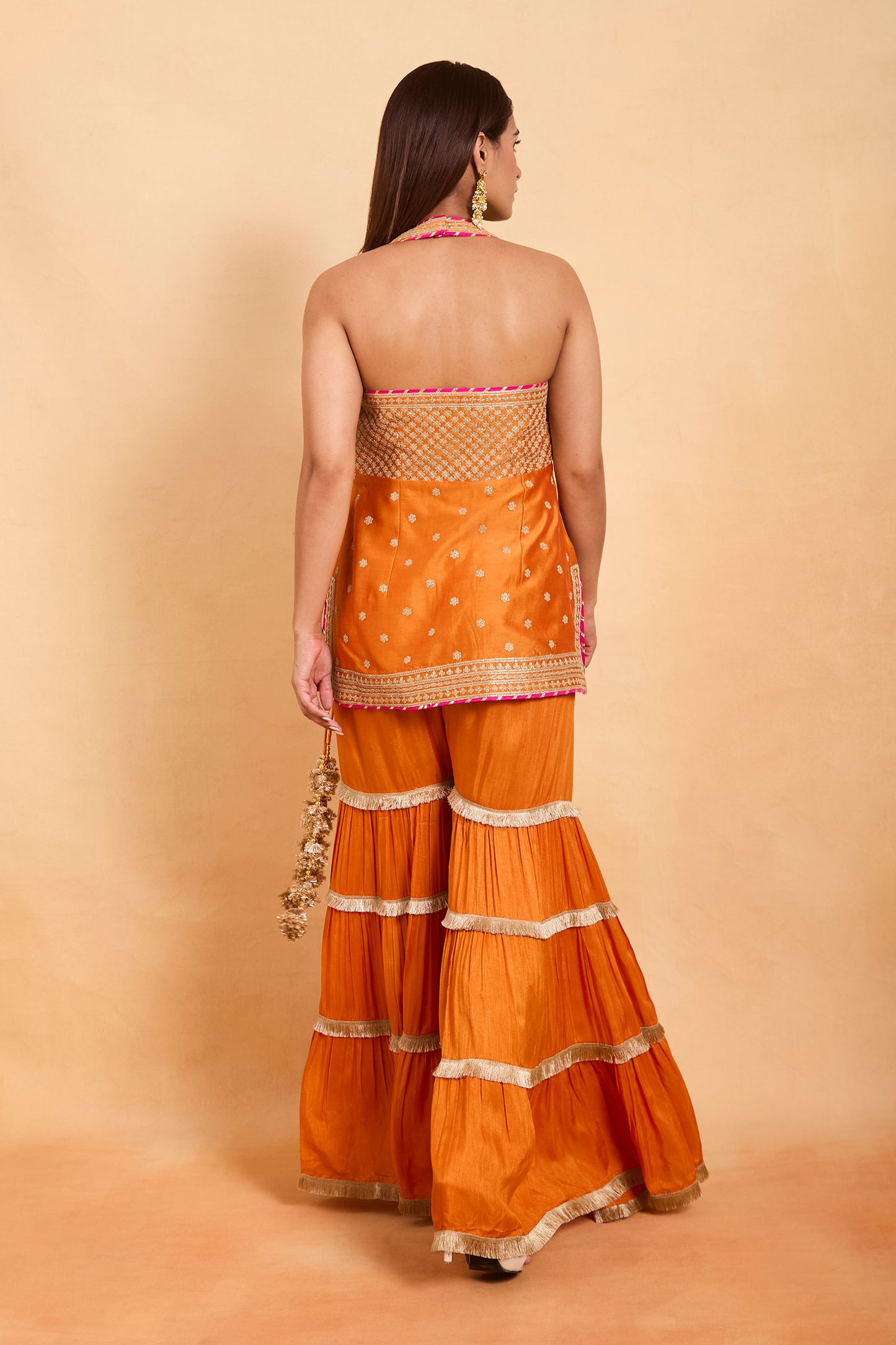 Orange Embroidered Halter-Neck Gharara Set