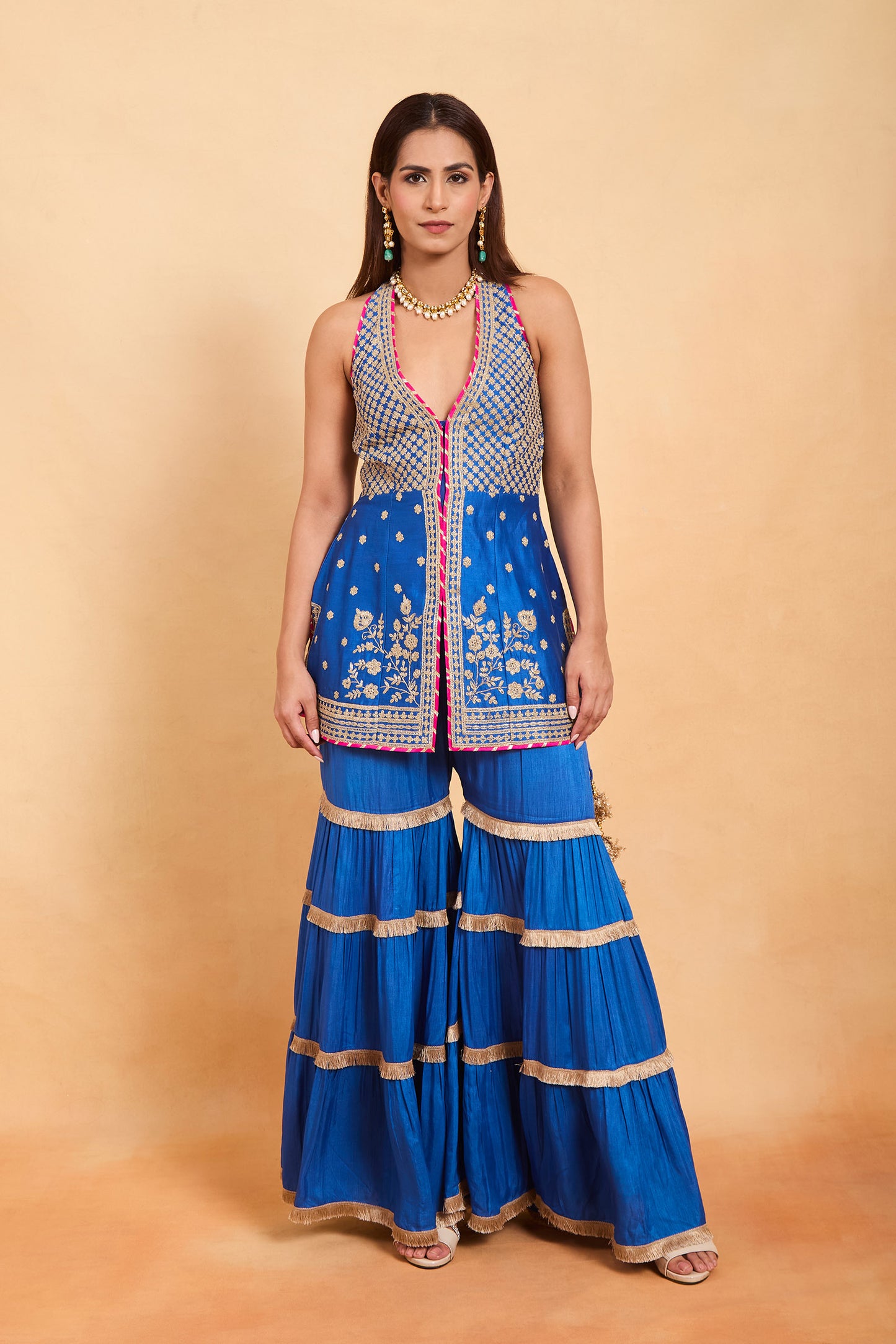 Royal Blue Embroidered Halter-Neck Gharara Set
