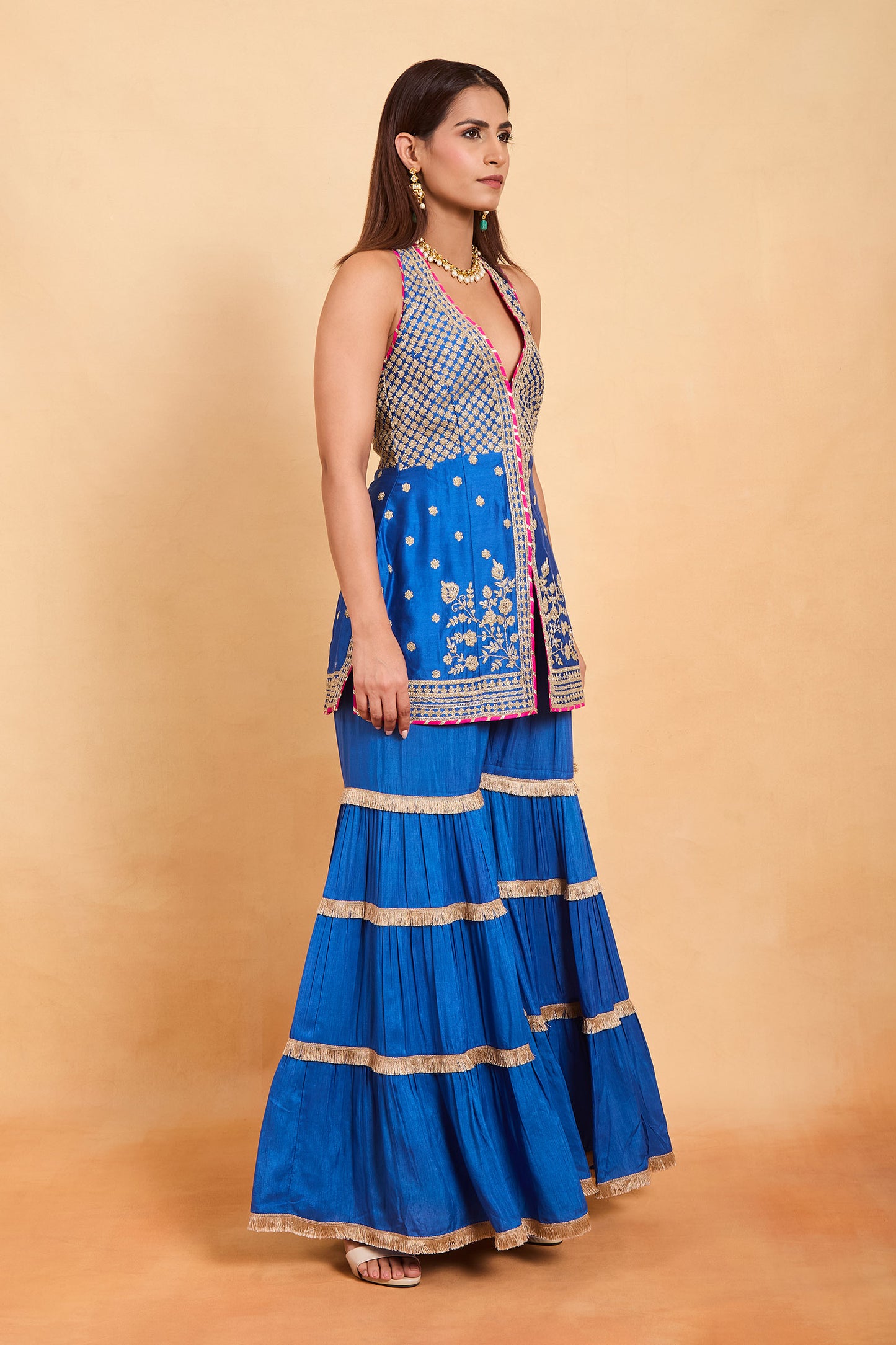 Royal Blue Embroidered Halter-Neck Gharara Set