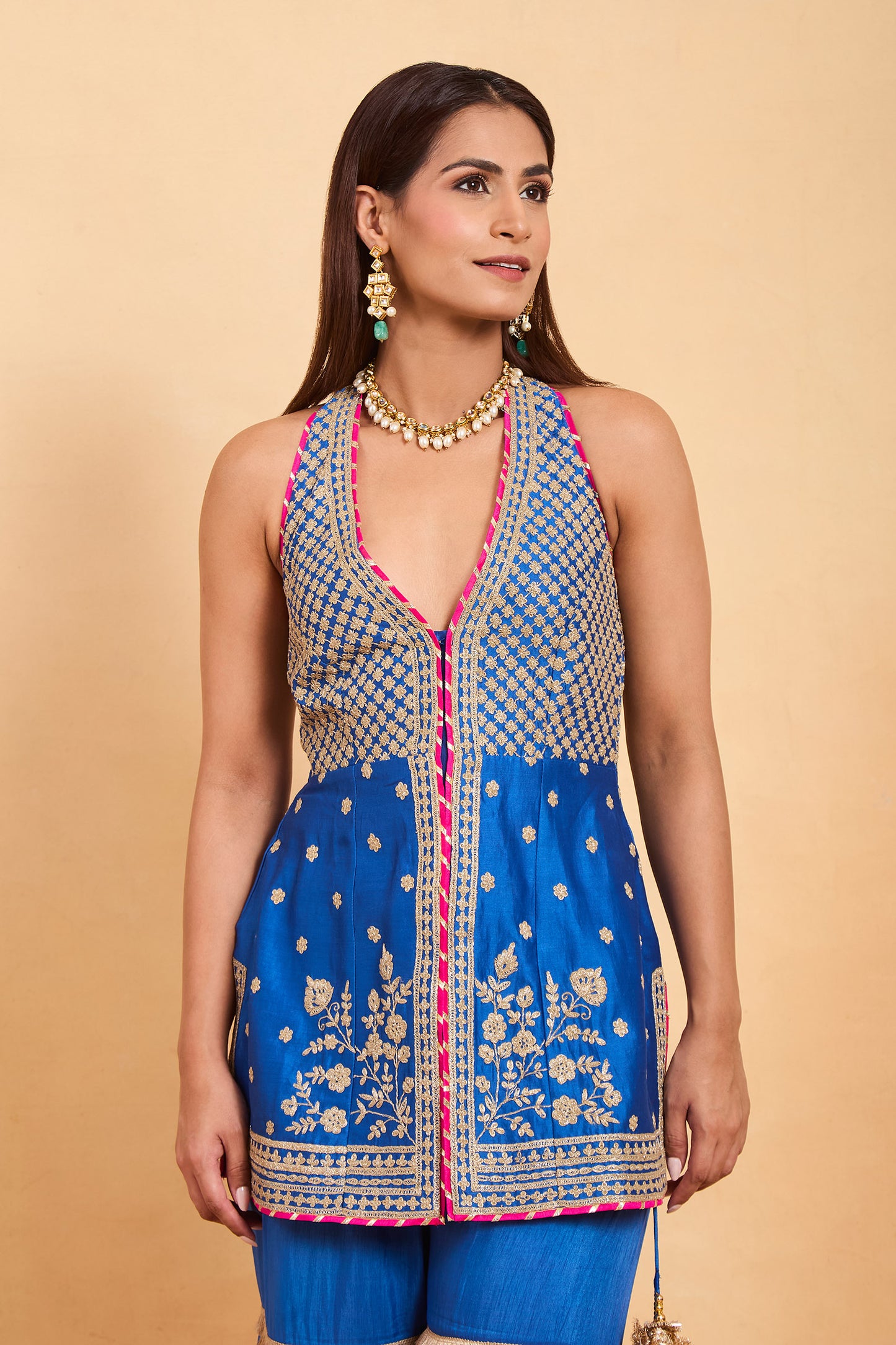 Royal Blue Embroidered Halter-Neck Gharara Set