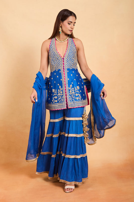 Royal Blue Embroidered Halter-Neck Gharara Set