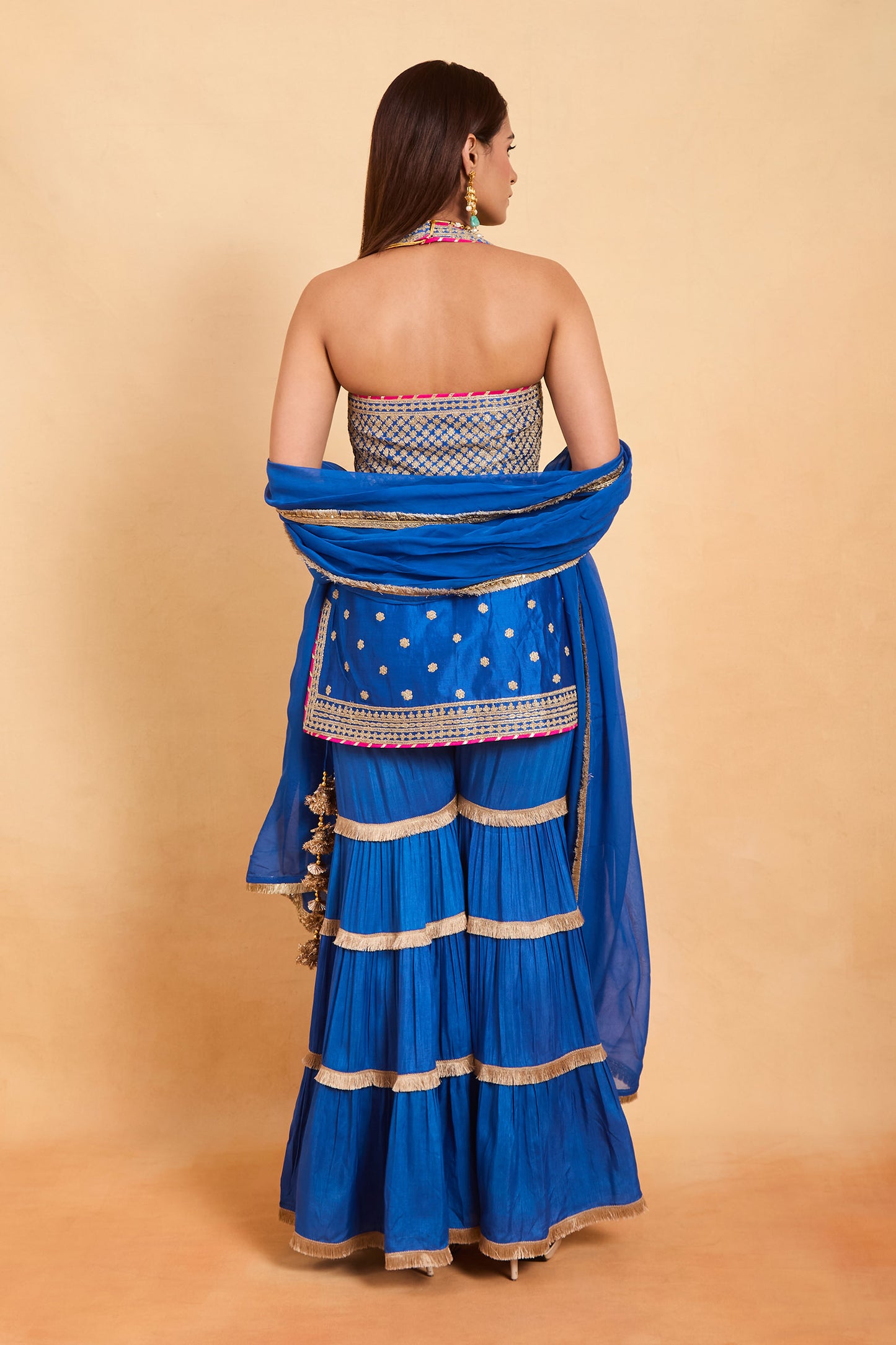 Royal Blue Embroidered Halter-Neck Gharara Set