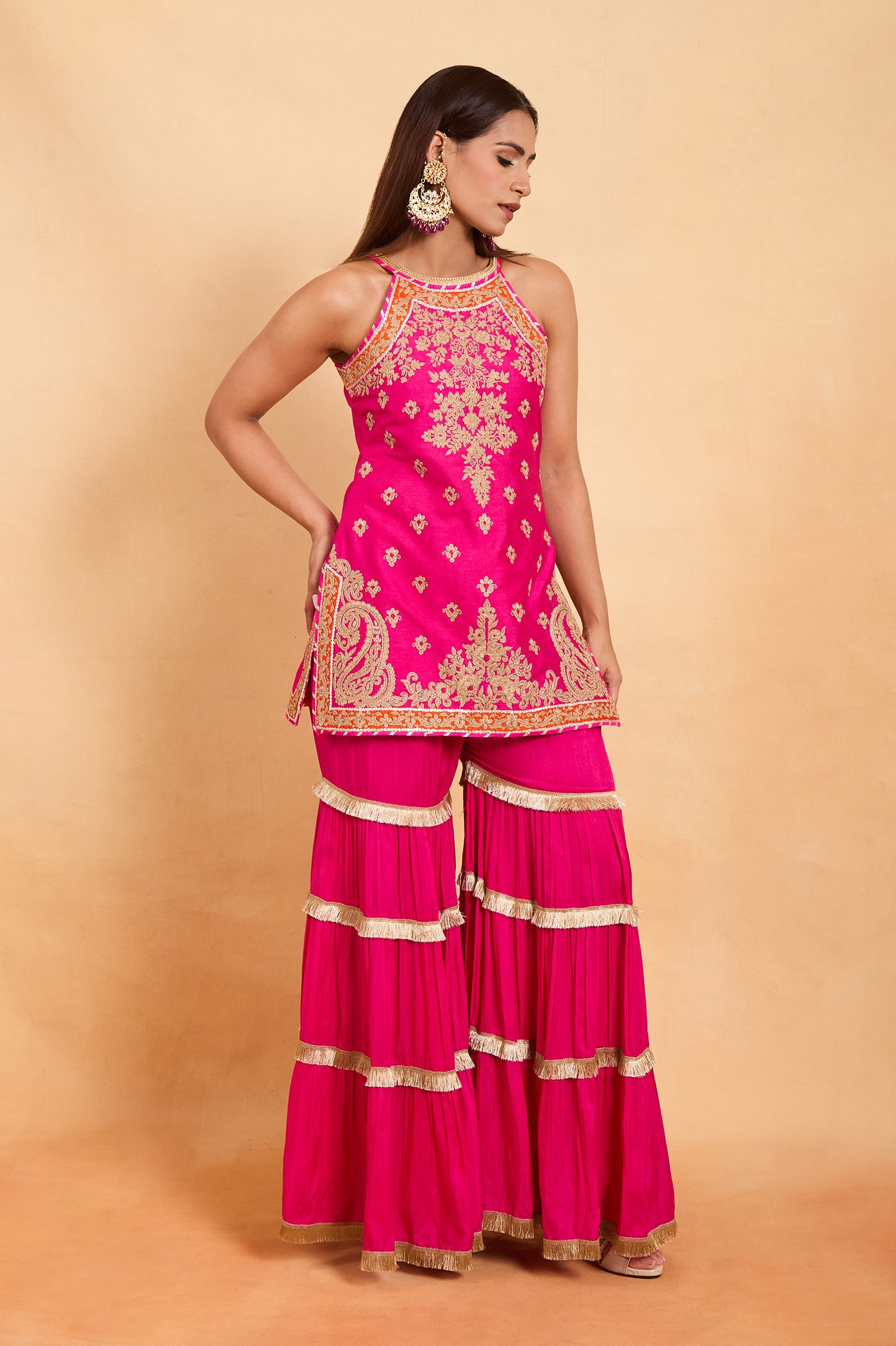 Fuchsia Pink Halter Neck Kurti & Tiered Gharara Set