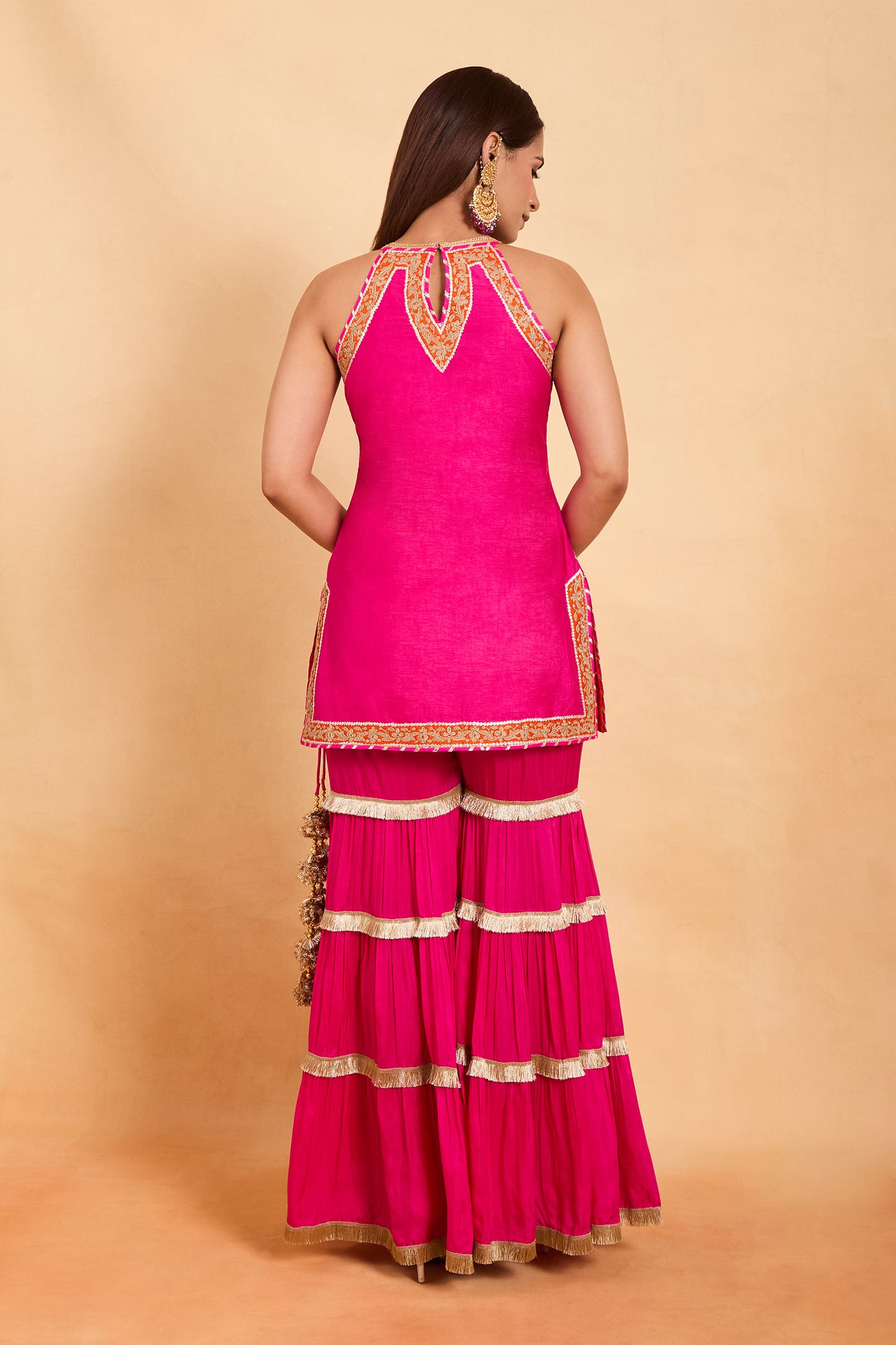 Fuchsia Pink Halter Neck Kurti & Tiered Gharara Set