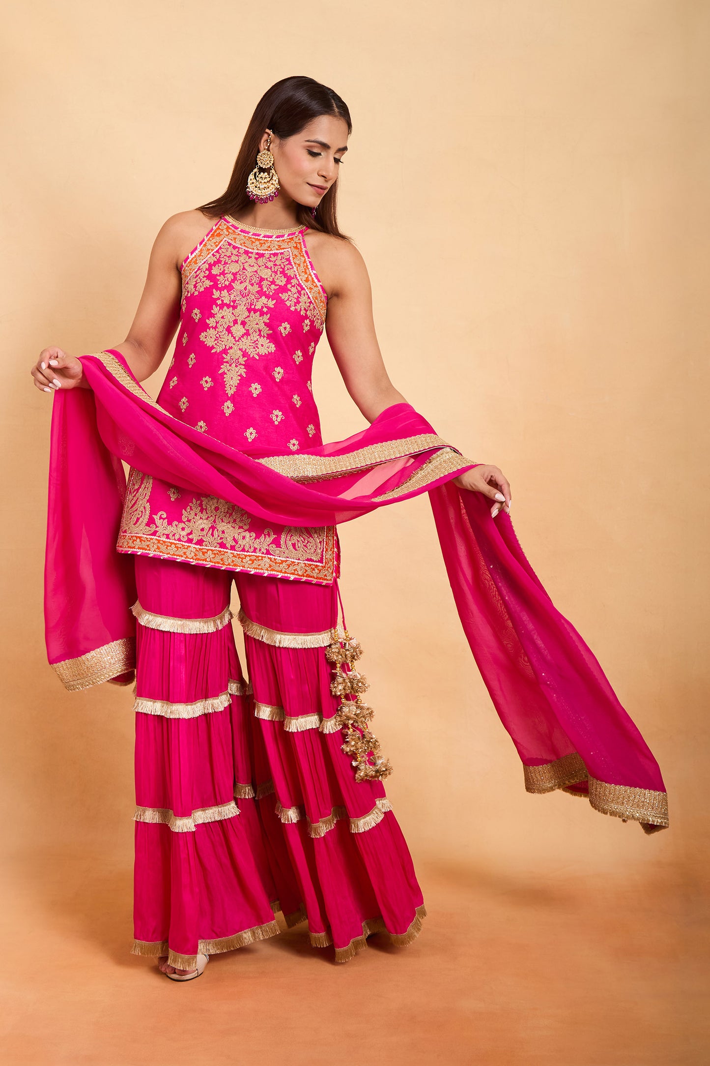 Fuchsia Pink Halter Neck Kurti & Tiered Gharara Set