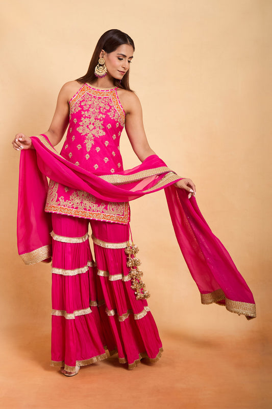 Fuchsia Pink Halter Neck Kurti & Tiered  Gharara Set
