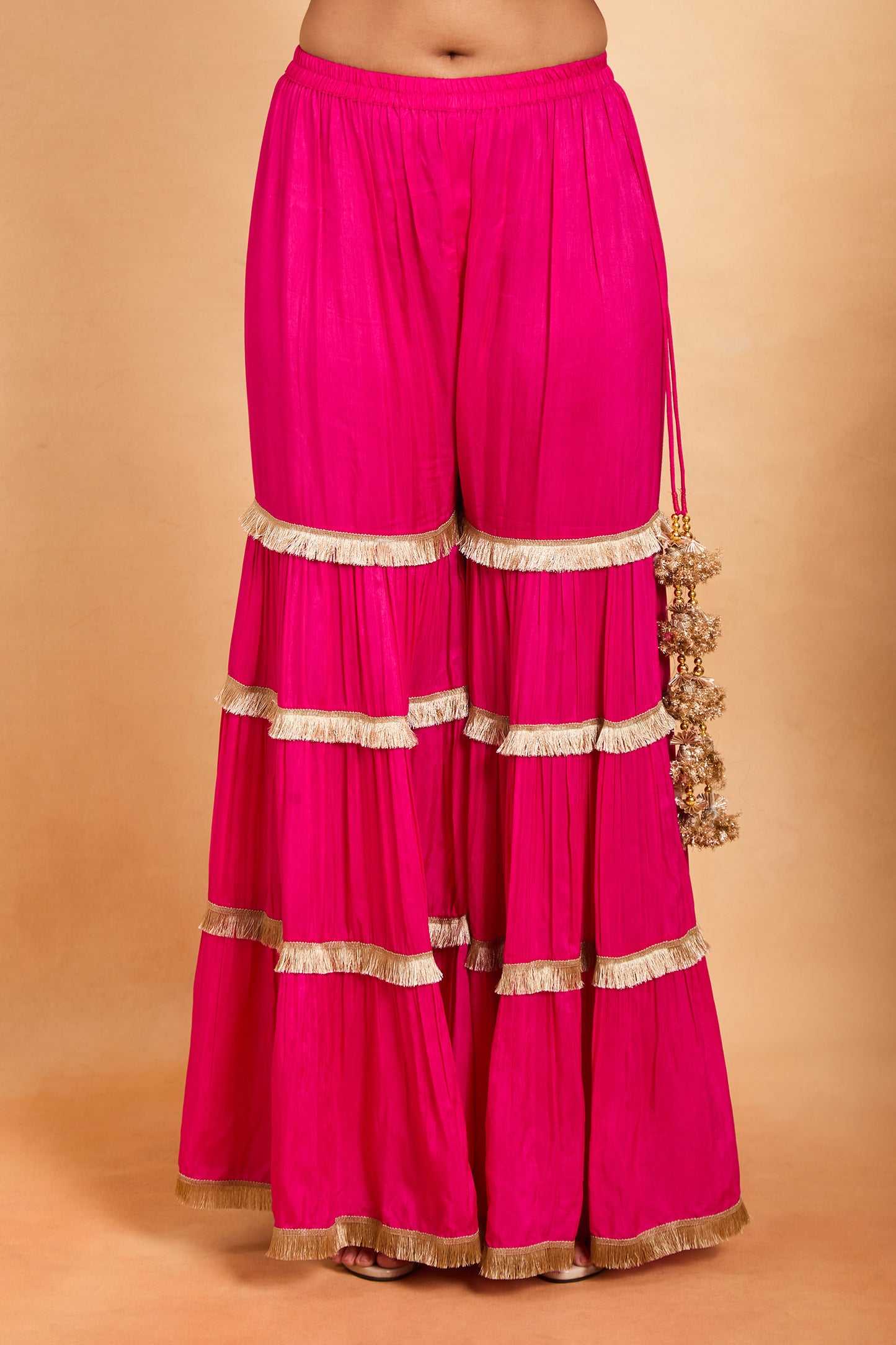 Fuchsia Pink Halter Neck Kurti & Tiered Gharara Set