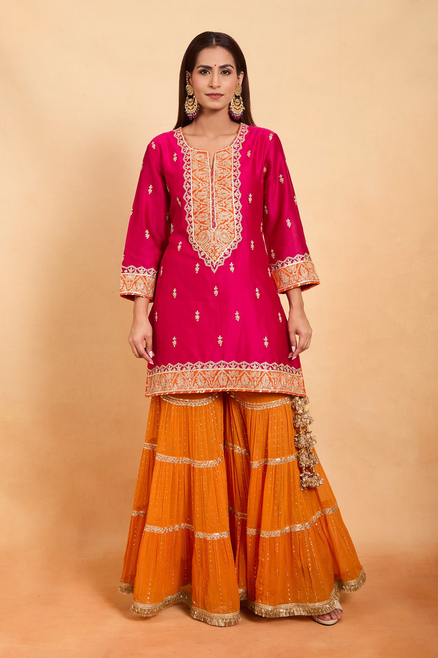Designer Fuchsia Pink Kurti with Tiered Orange Gharara Suit Set