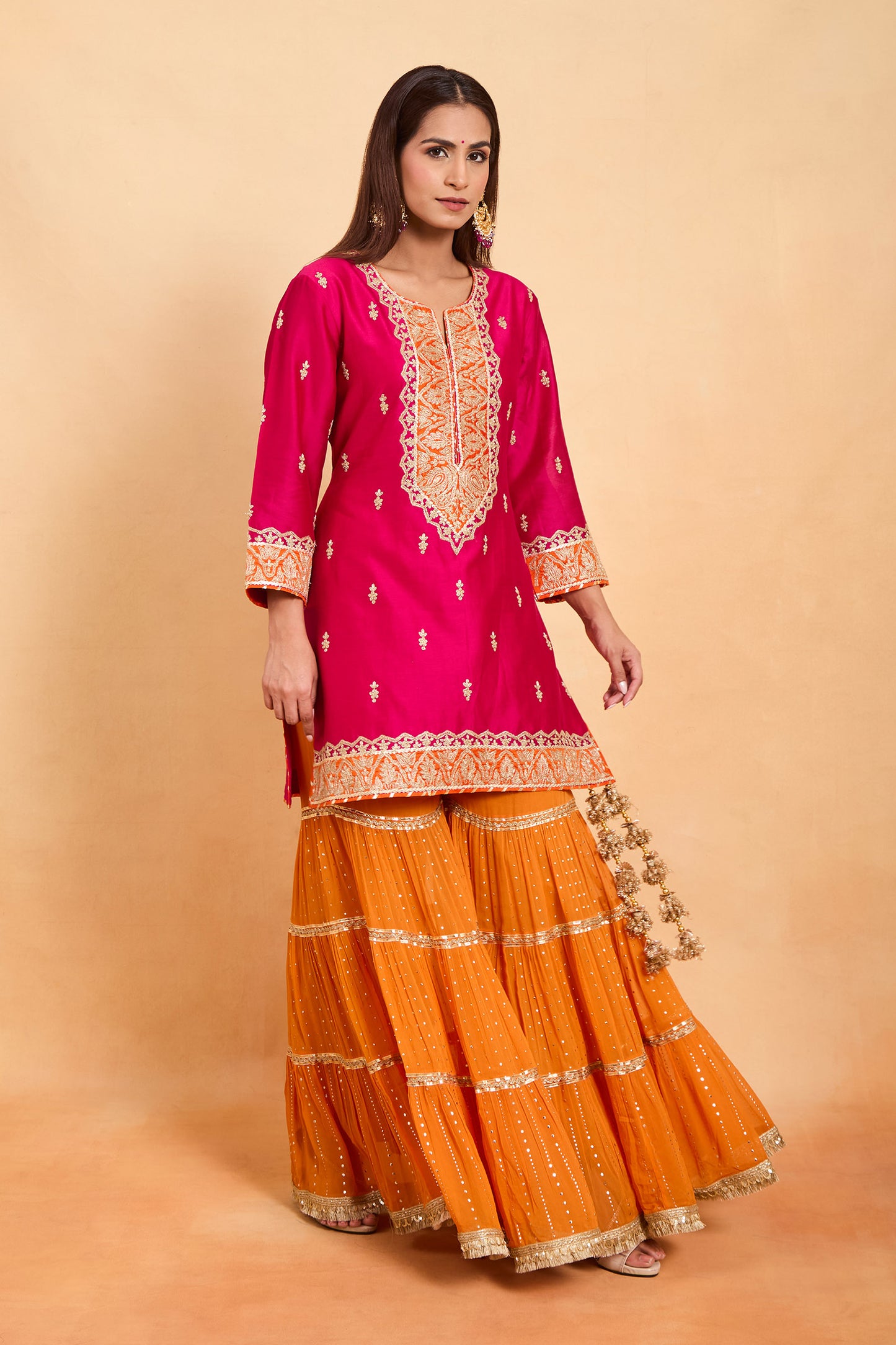 Designer Fuchsia Pink Kurti with Tiered Orange Gharara Suit Set