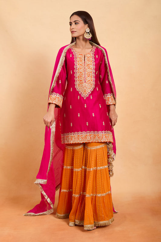 Designer Fuchsia Pink Kurti with Tiered Orange Gharara Suit Set
