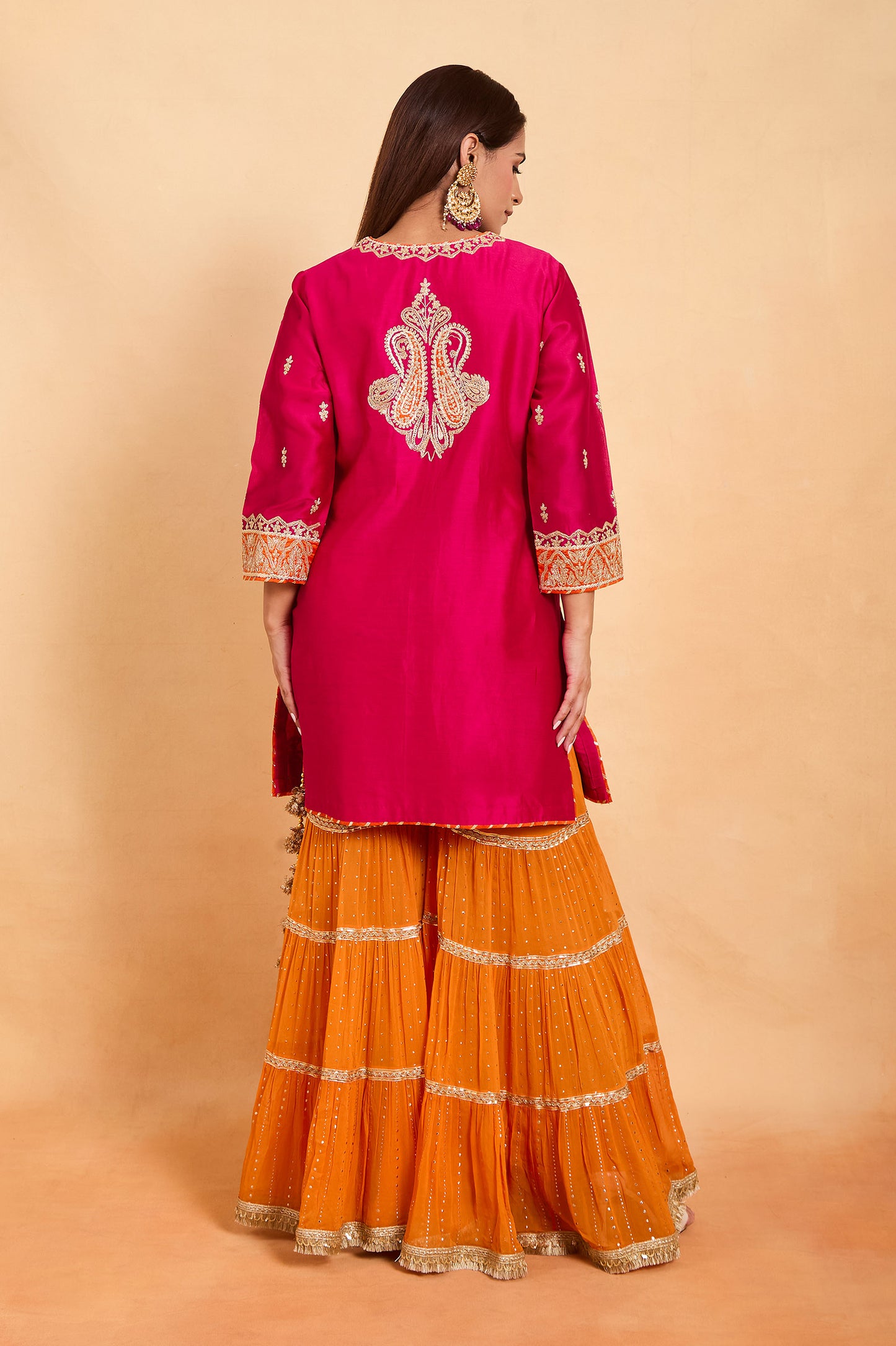 Designer Fuchsia Pink Kurti with Tiered Orange Gharara Suit Set