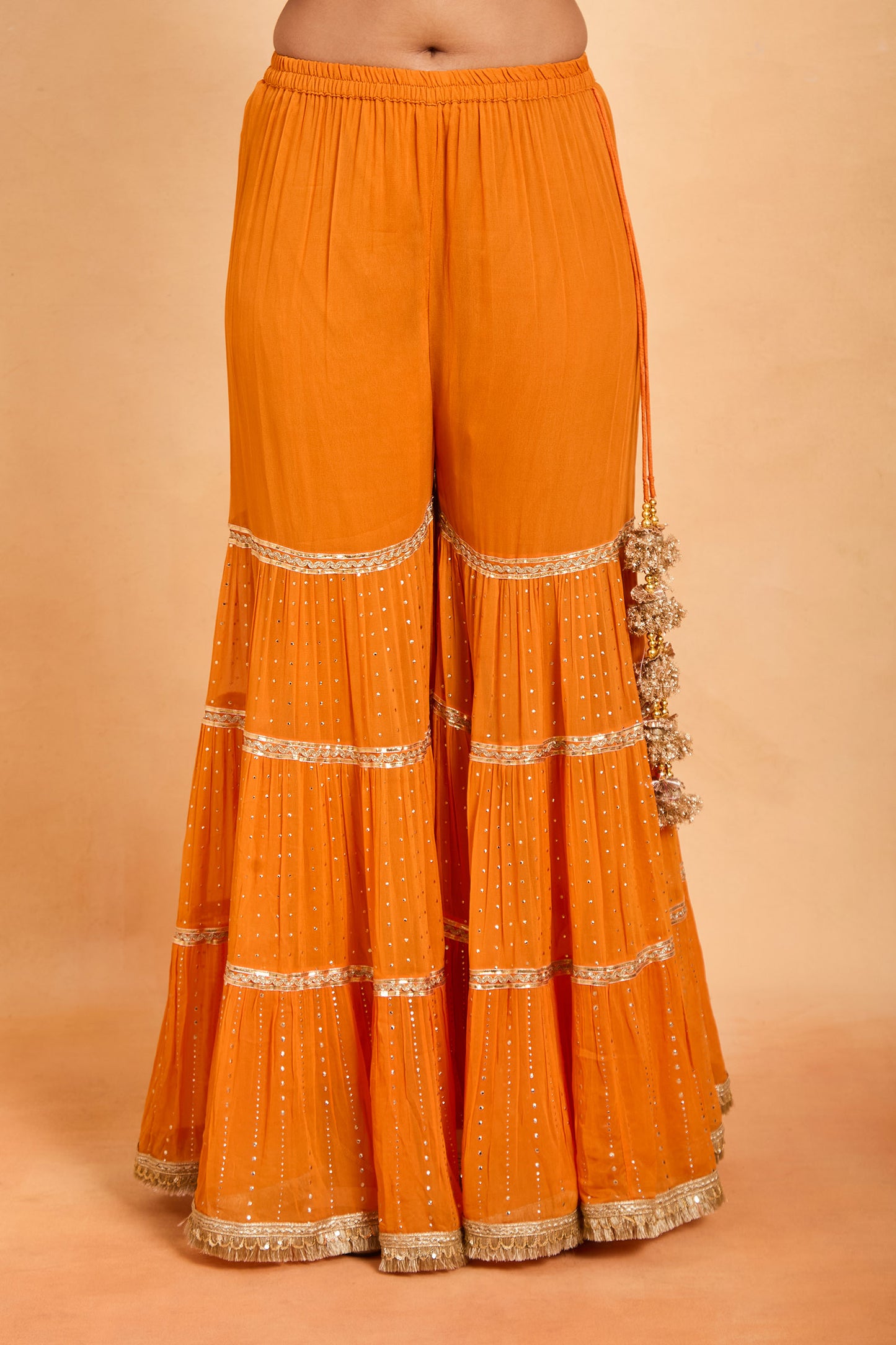 Designer Fuchsia Pink Kurti with Tiered Orange Gharara Suit Set