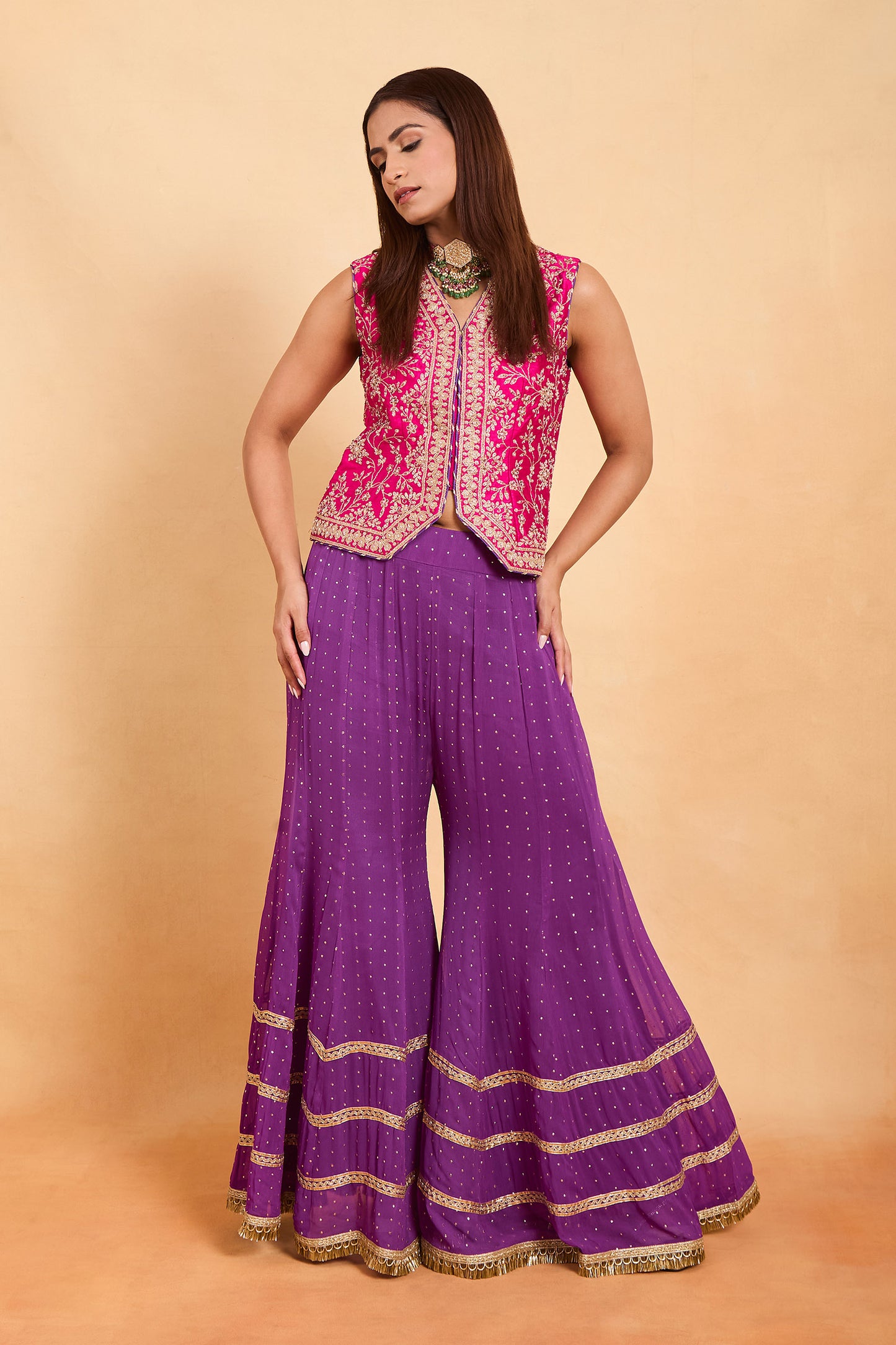 Fuschia Pink Embroidered Jacket and Purple Sharara Set