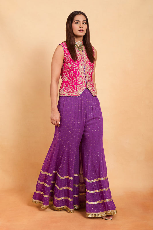 Fuschia Pink Embroidered Jacket and Purple Sharara Set