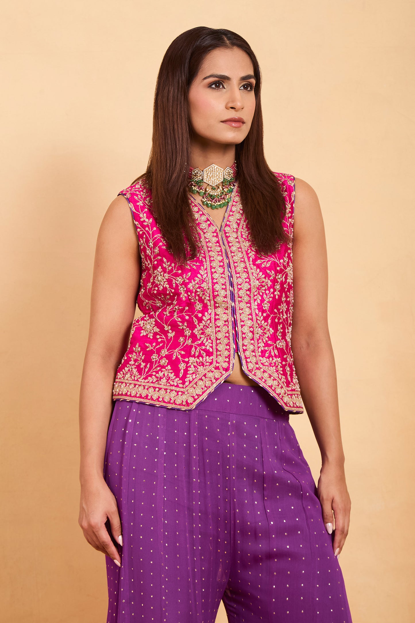 Fuschia Pink Embroidered Jacket and Purple Sharara Set