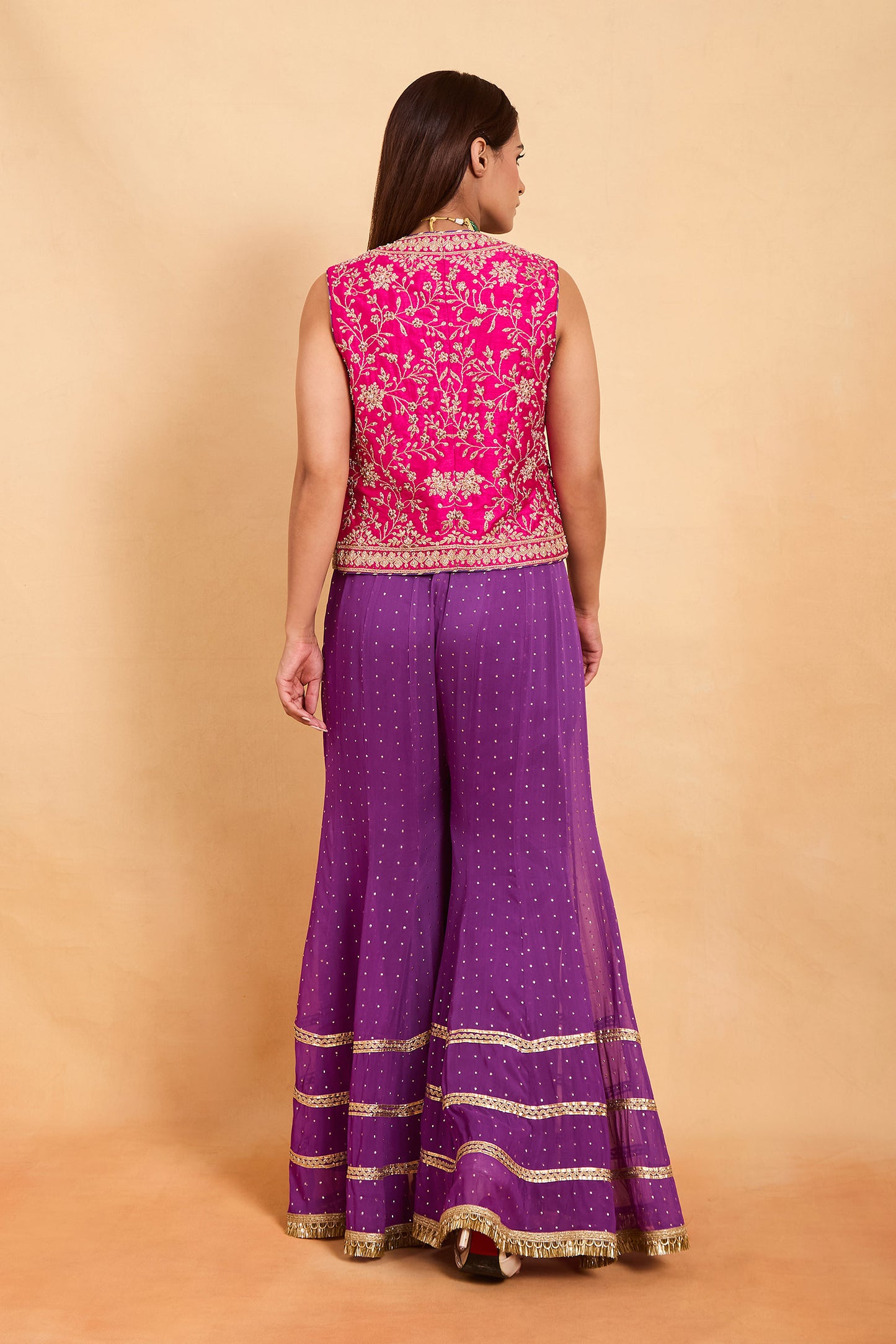 Fuschia Pink Embroidered Jacket and Purple Sharara Set