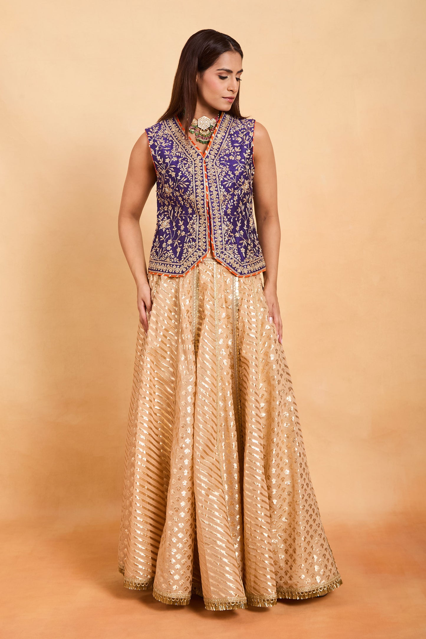 Blue Embroidered Jacket with Gold Brocade Skirt Set