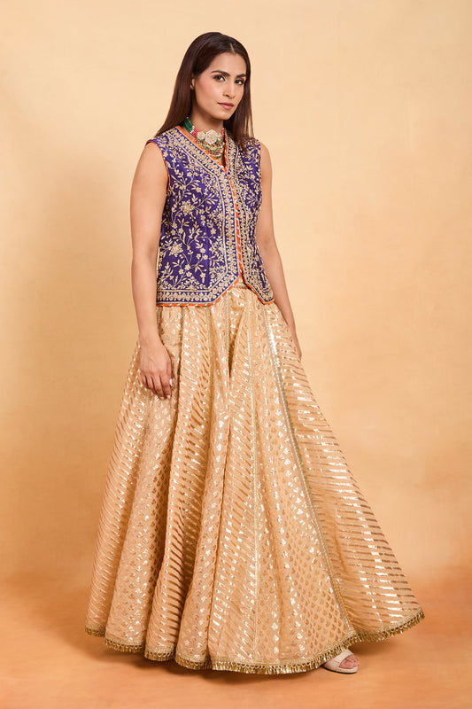 Blue Embroidered Jacket with Gold Brocade Skirt Set