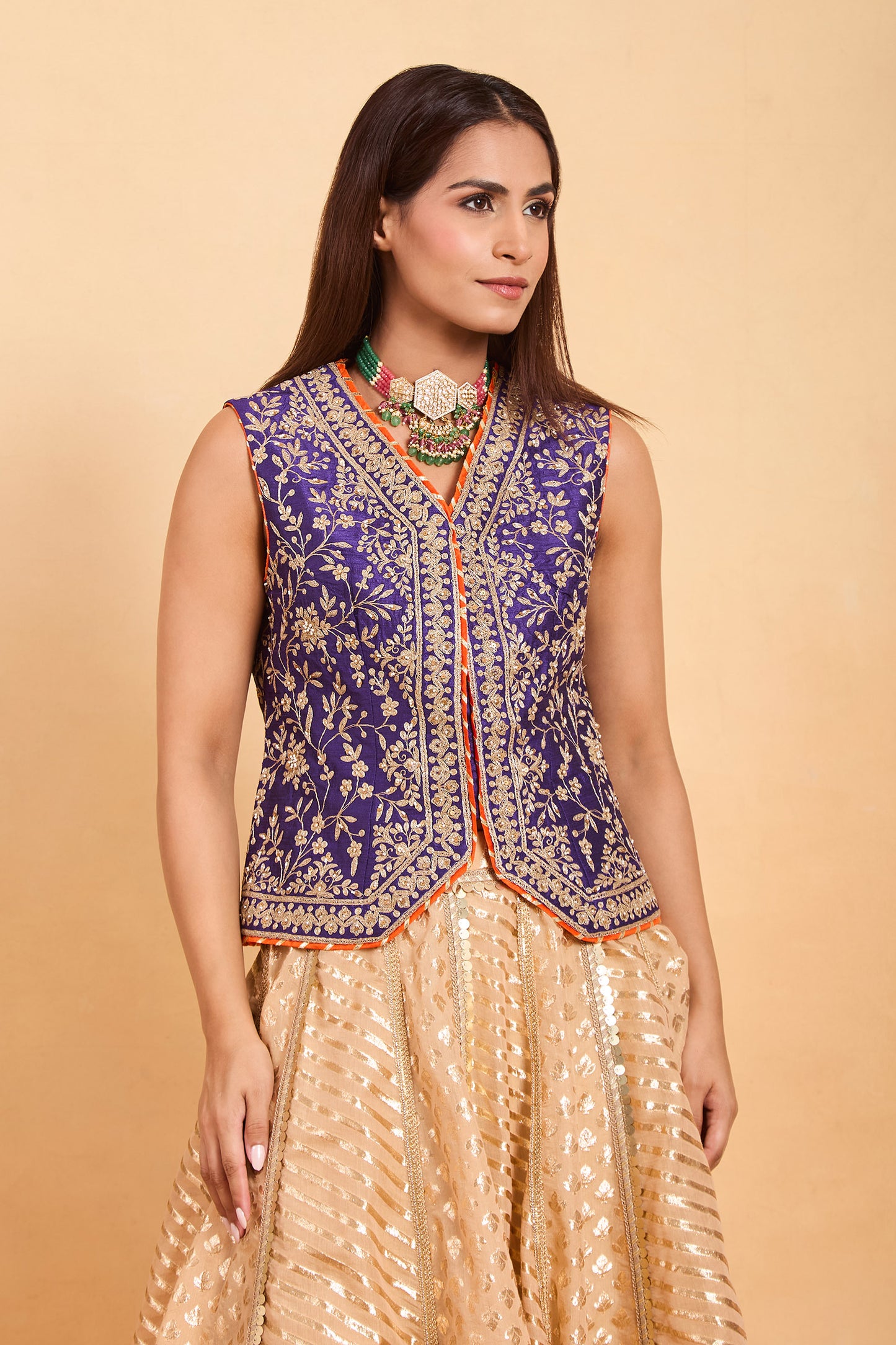 Blue Embroidered Jacket with Gold Brocade Skirt Set