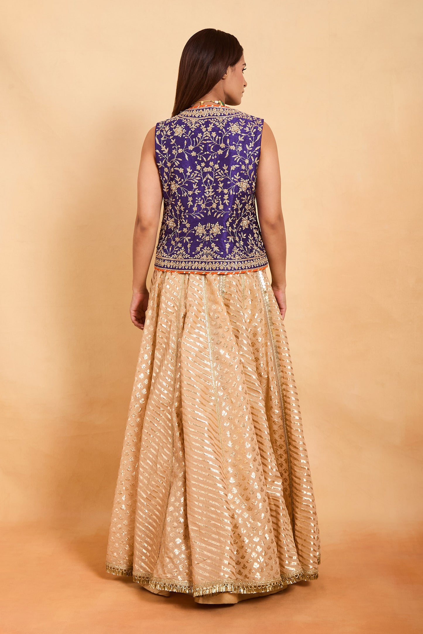 Blue Embroidered Jacket with Gold Brocade Skirt Set