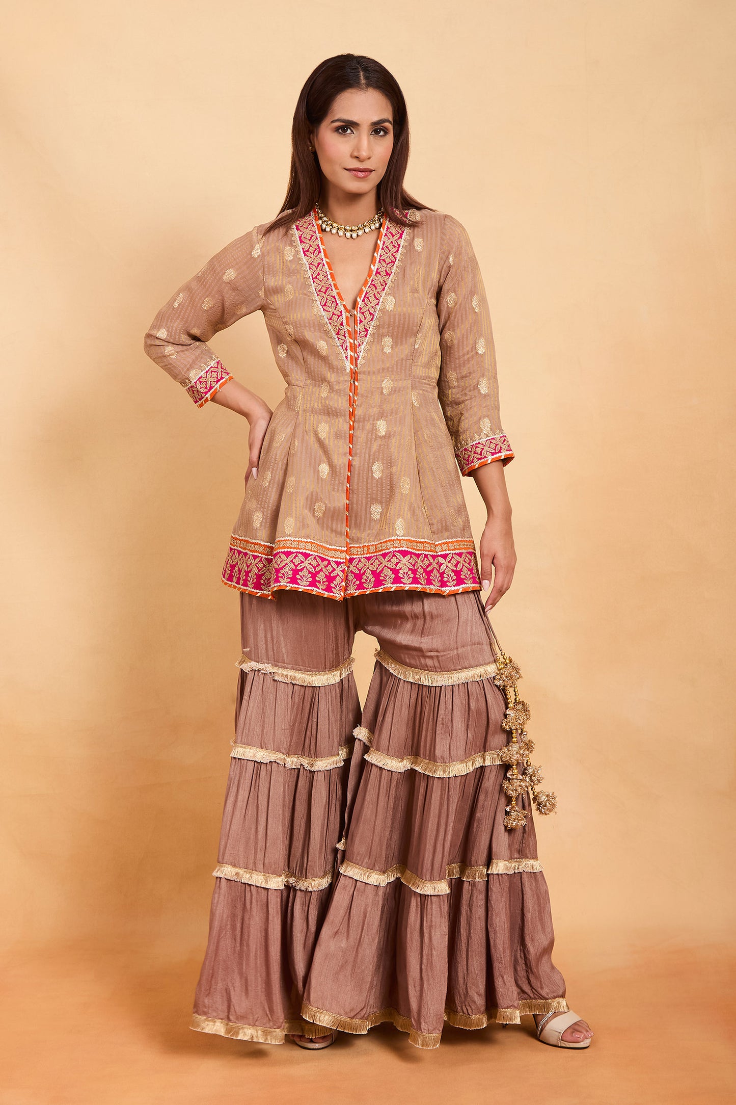 Elegant Beige & Brown Ruffle Gharara Suit Set