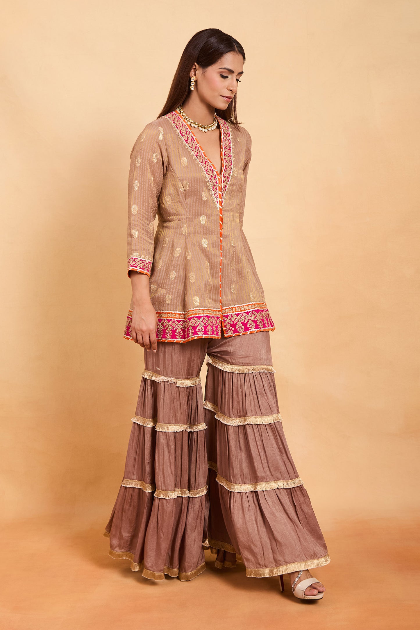 Elegant Beige & Brown Ruffle Gharara Suit Set