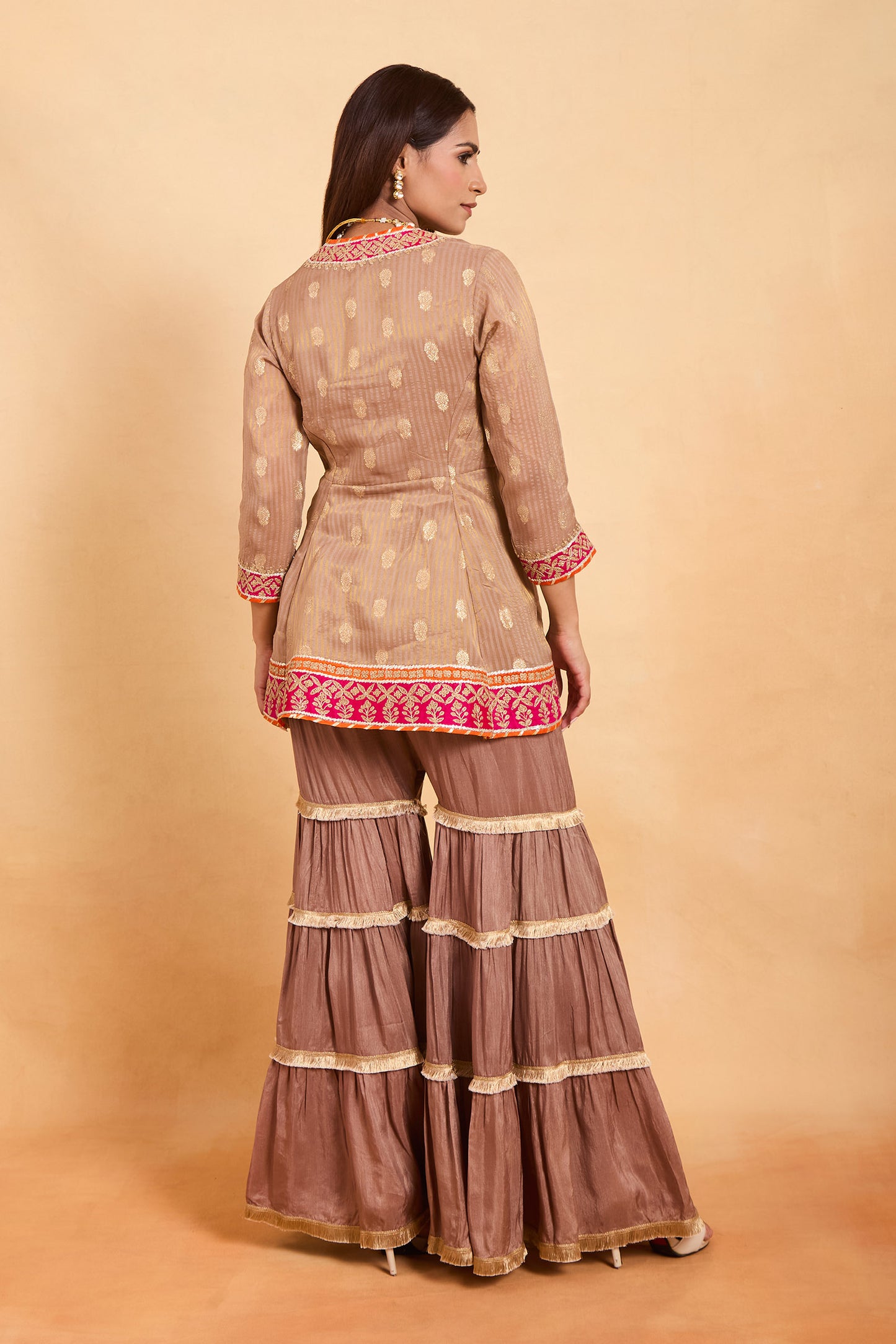 Elegant Beige & Brown Ruffle Gharara Suit Set