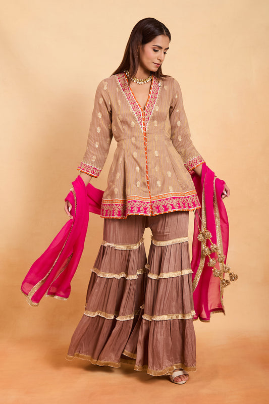 Elegant Beige & Brown Ruffle Gharara Suit Set