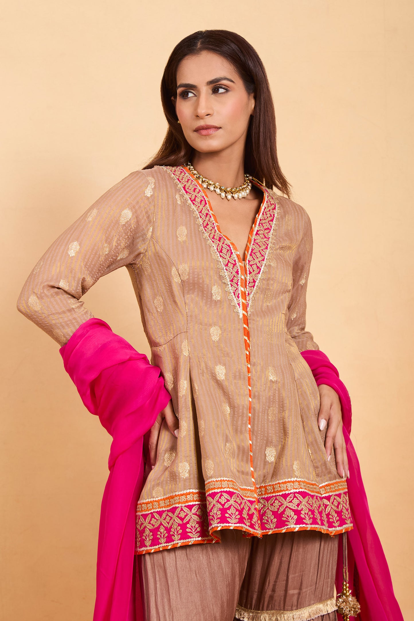 Elegant Beige & Brown Ruffle Gharara Suit Set