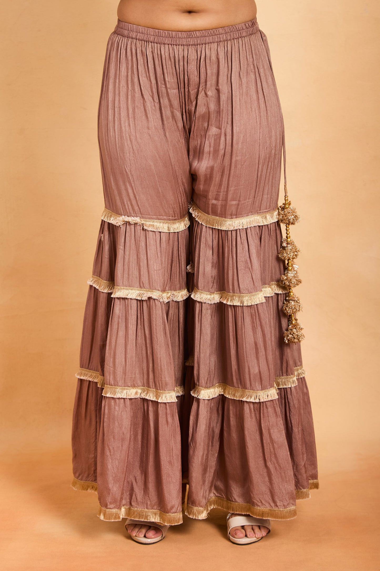 Elegant Beige & Brown Ruffle Gharara Suit Set