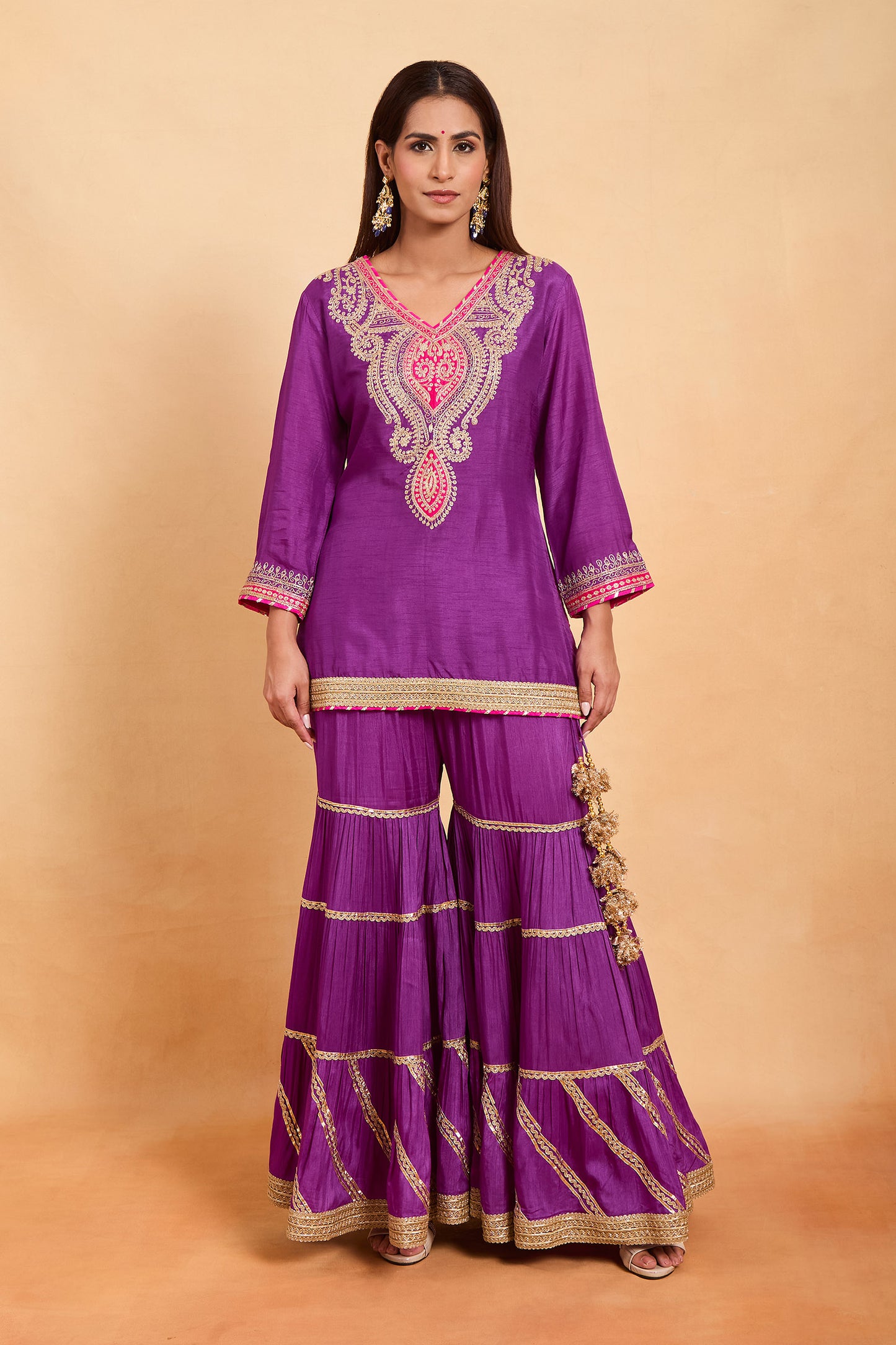 Designer Fuchsia Contrast Tiered Gharara Set with Heavy Neck Embroidery