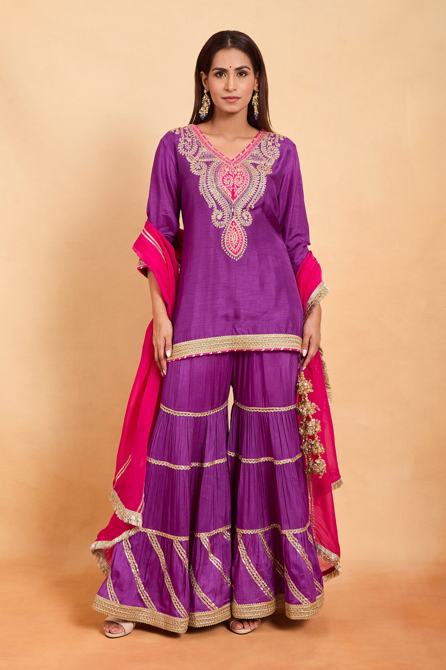 Designer Fuchsia Contrast Tiered Gharara Set with Heavy Neck Embroidery