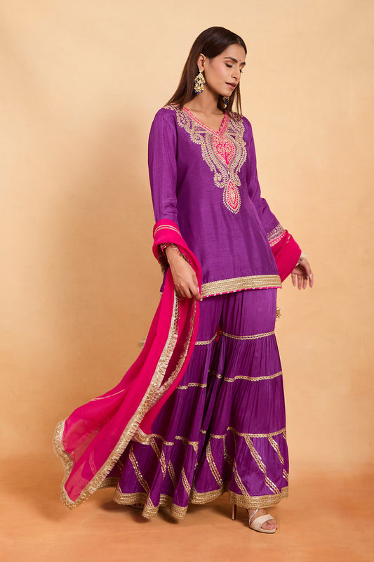 Designer Fuchsia Contrast Tiered Gharara Set with Heavy Neck Embroidery