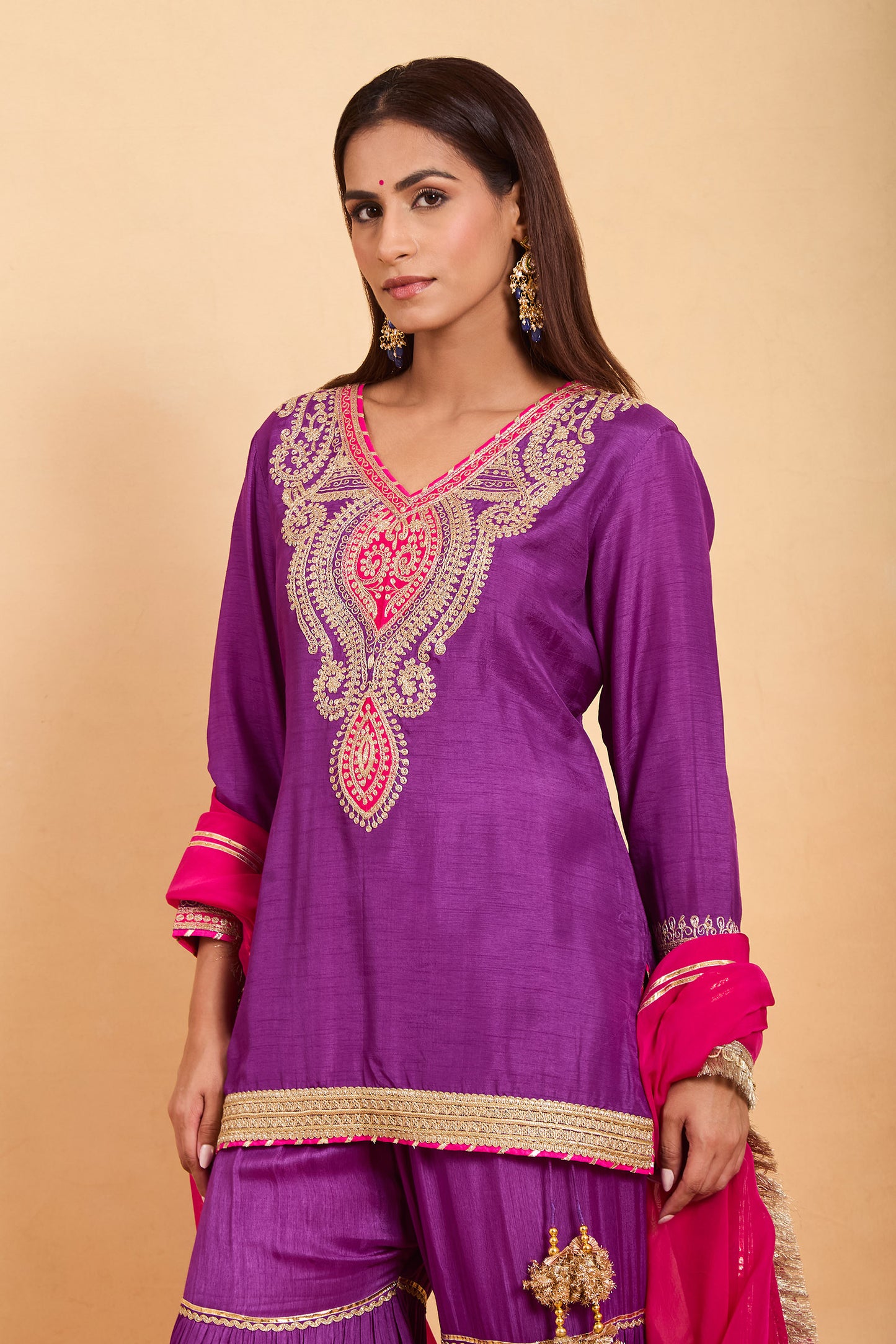 Designer Fuchsia Contrast Tiered Gharara Set with Heavy Neck Embroidery