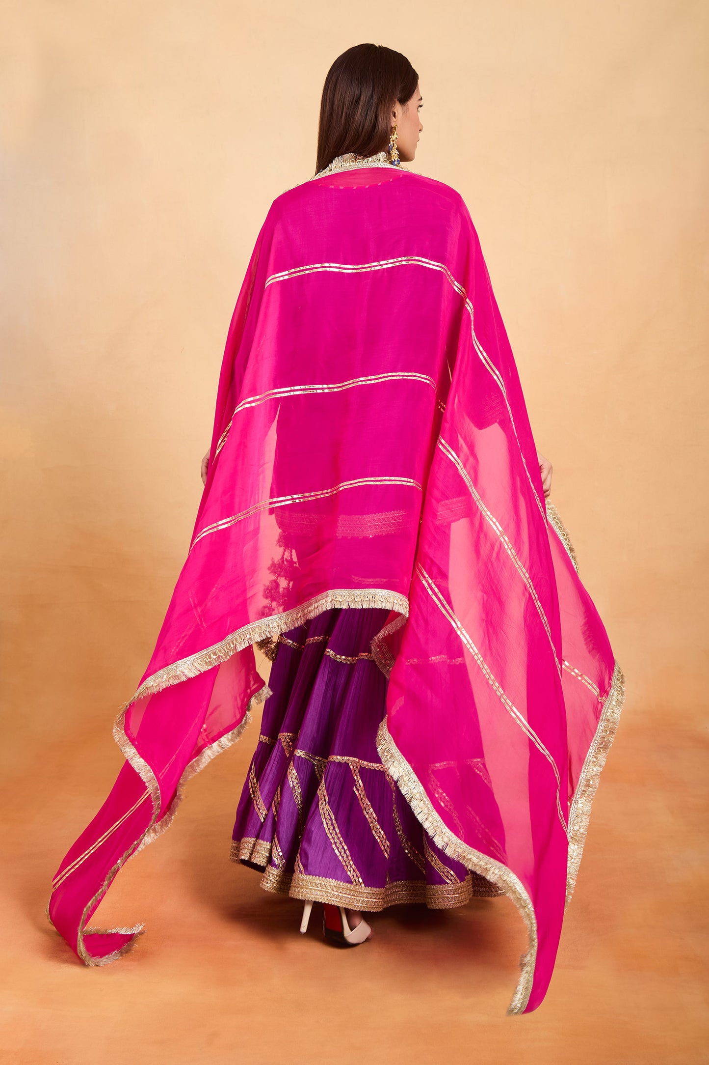 Designer Fuchsia Contrast Tiered Gharara Set with Heavy Neck Embroidery