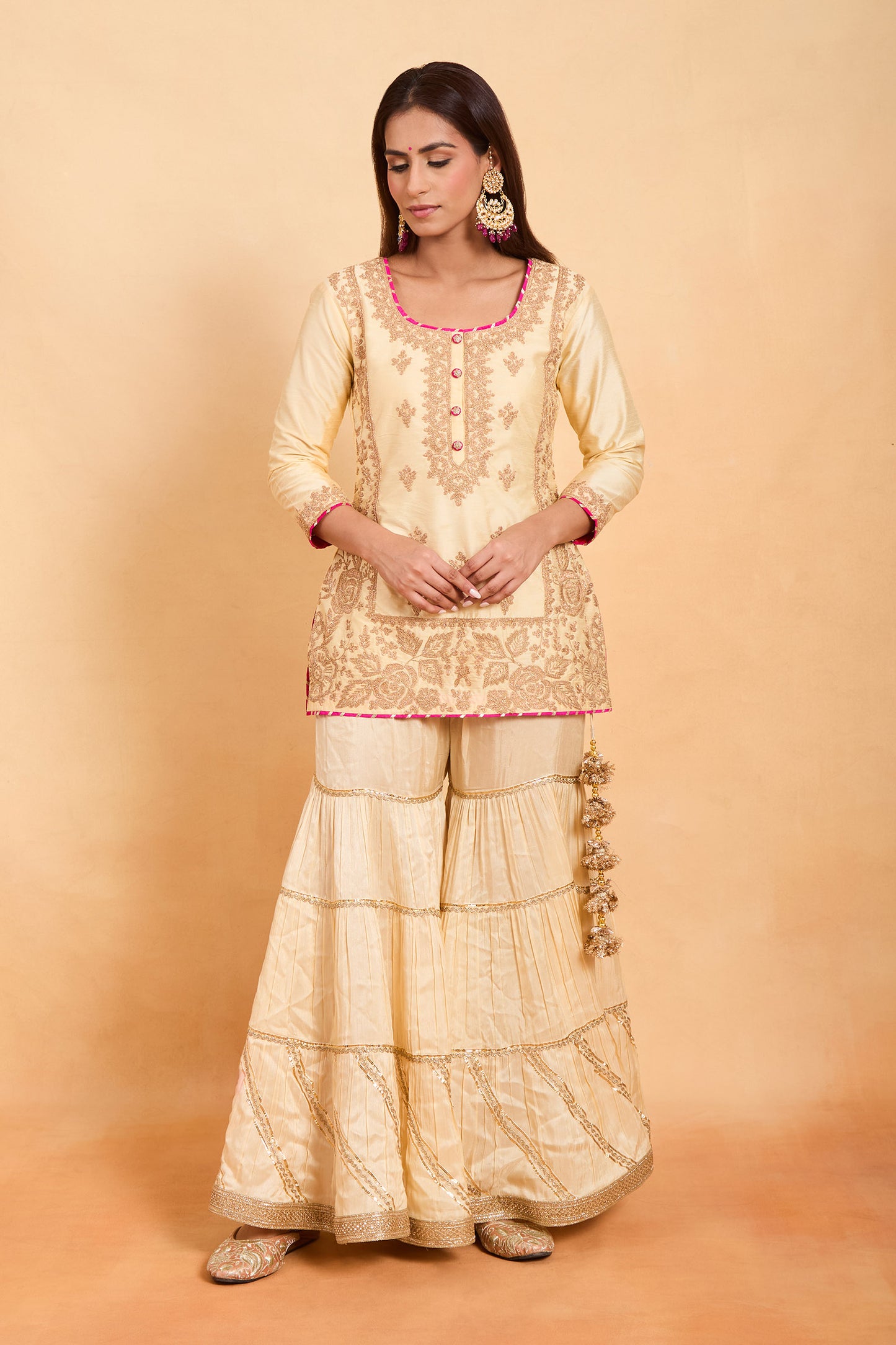 Off White & Fuchsia Pink Silk Kurta and Gharara Set