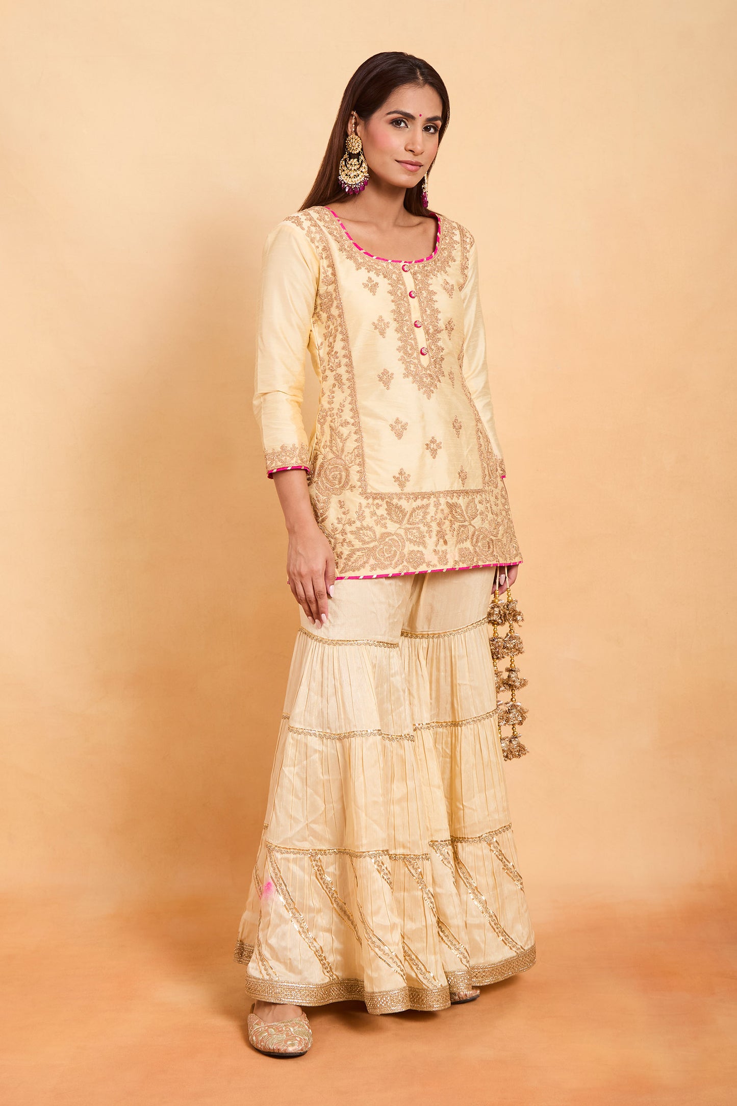 Off White & Fuchsia Pink Silk Kurta and Gharara Set