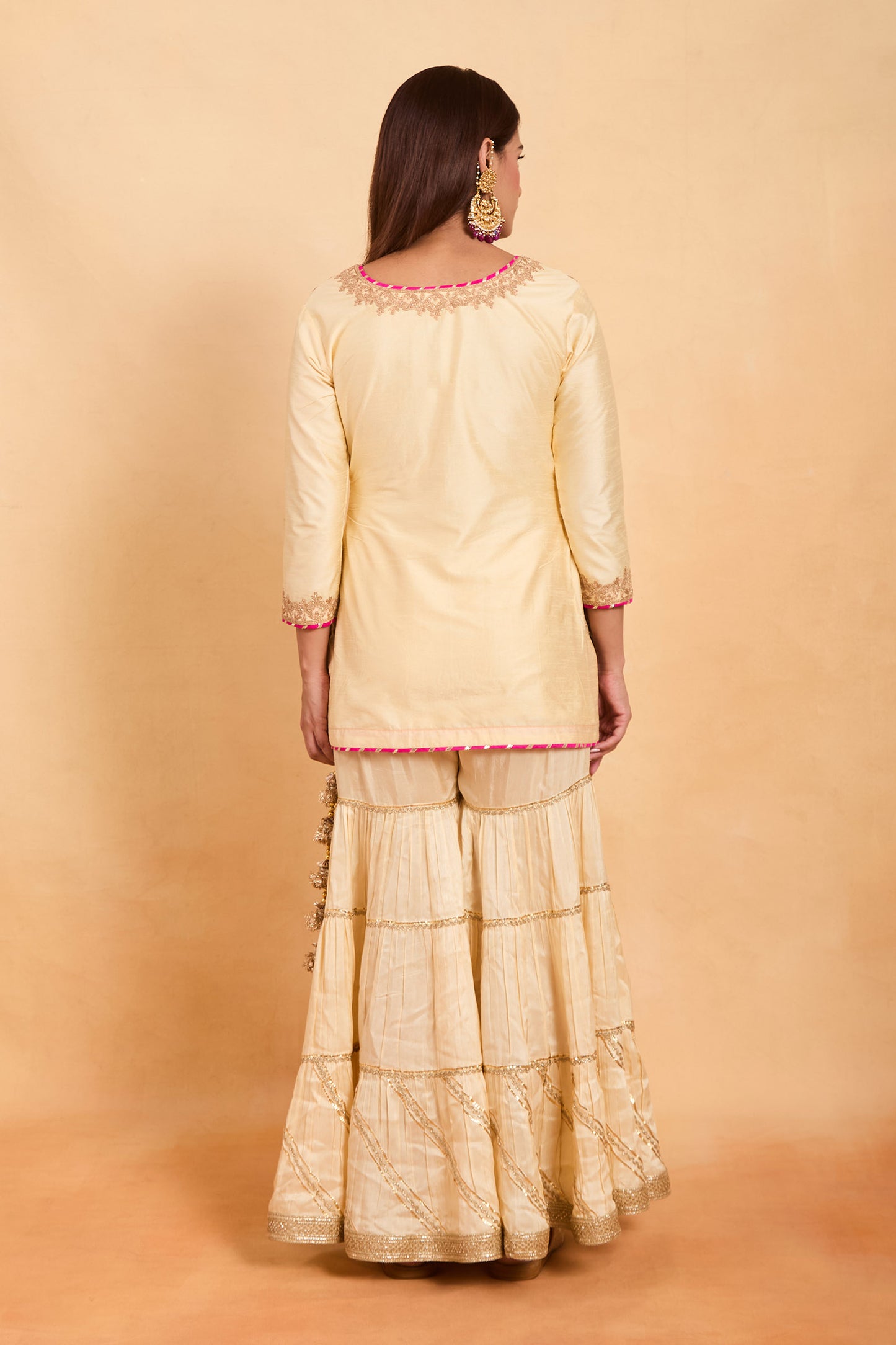 Off White & Fuchsia Pink Silk Kurta and Gharara Set