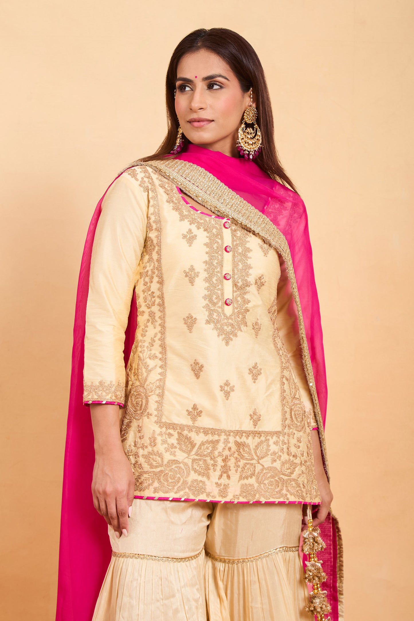 Off White & Fuchsia Pink Silk Kurta and Gharara Set