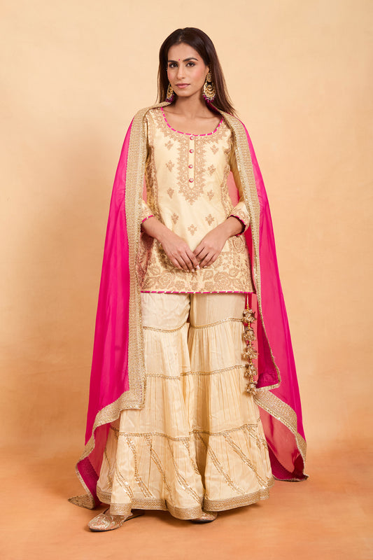 Off White & Fuchsia Pink Silk Kurta and Gharara Set