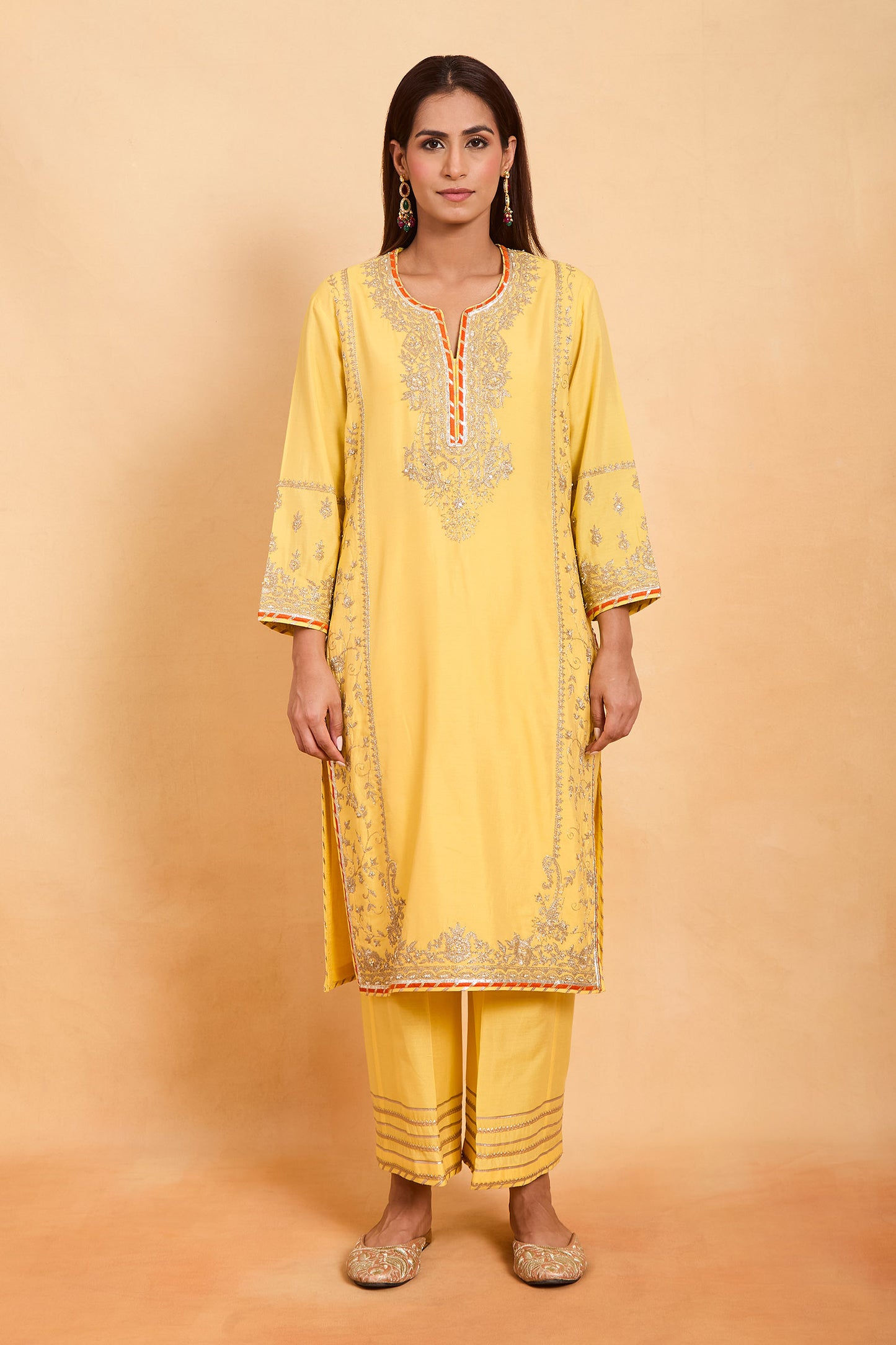 New Sunshine Yellow Zari Embroidered Straight Cut Suit Set