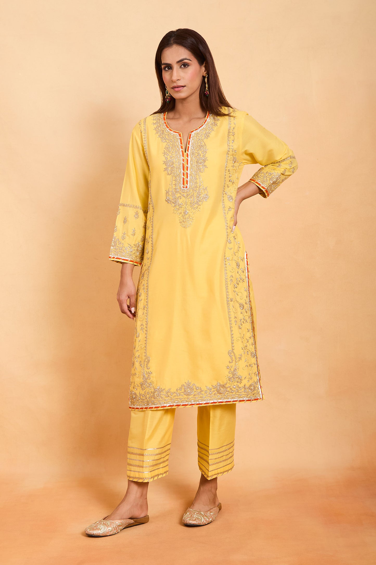 New Sunshine Yellow Zari Embroidered Straight Cut Suit Set