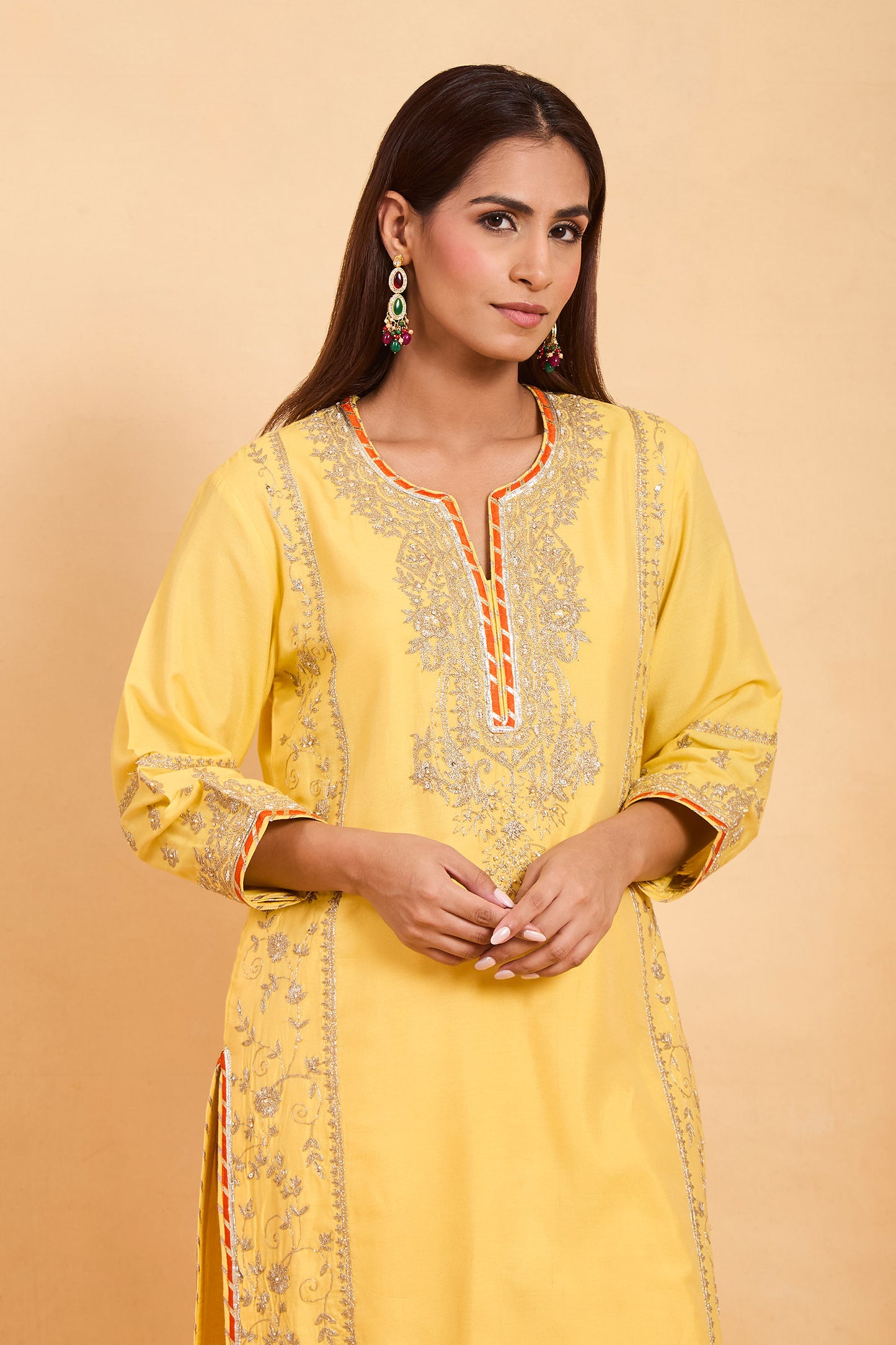 New Sunshine Yellow Zari Embroidered Straight Cut Suit Set