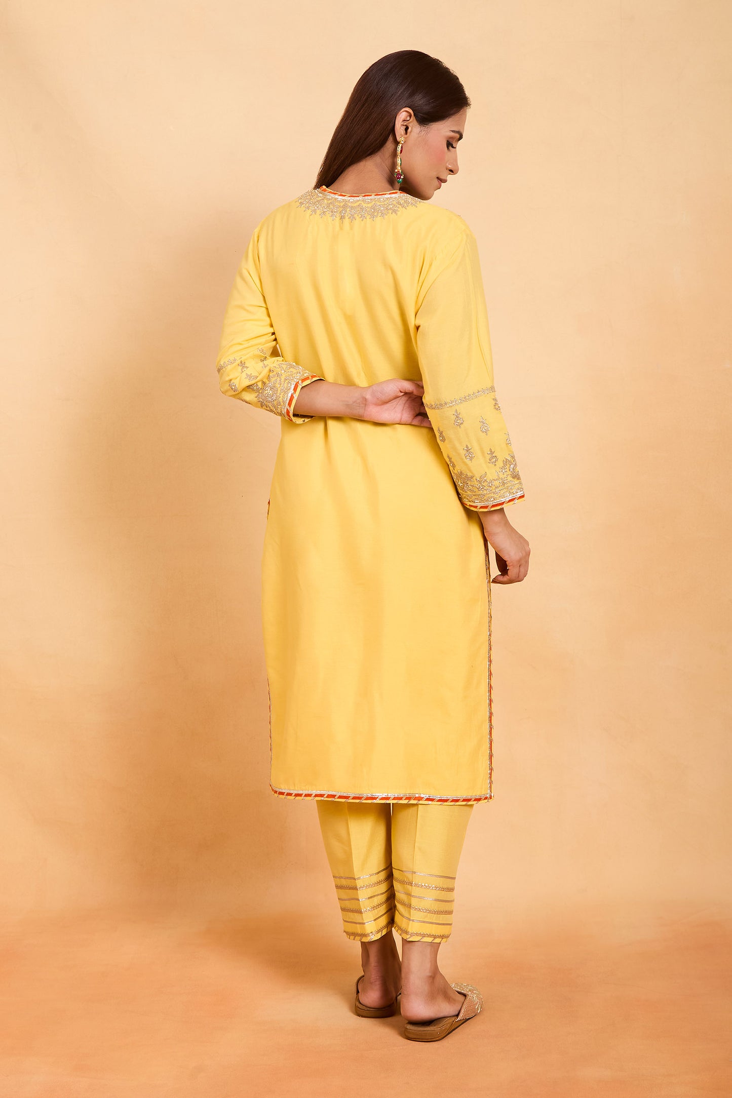 New Sunshine Yellow Zari Embroidered Straight Cut Suit Set