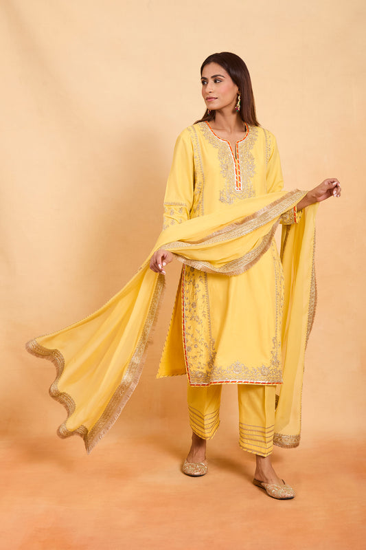 New Sunshine Yellow Zari Embroidered Straight Cut Suit Set