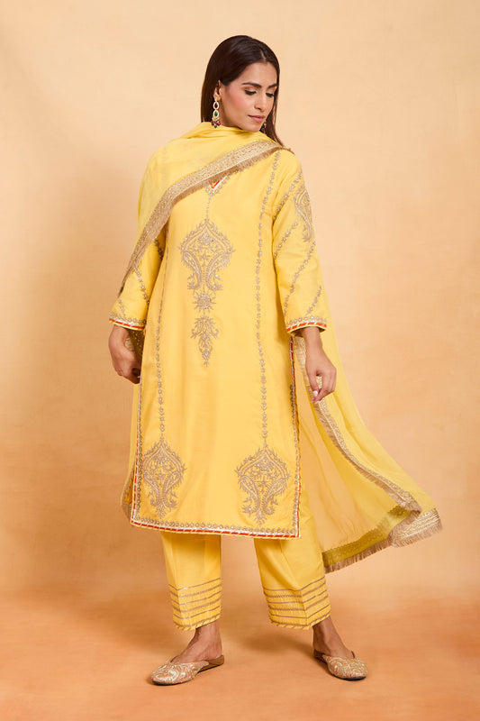 Sunshine Yellow Zari Embroidered Straight Cut Suit Set